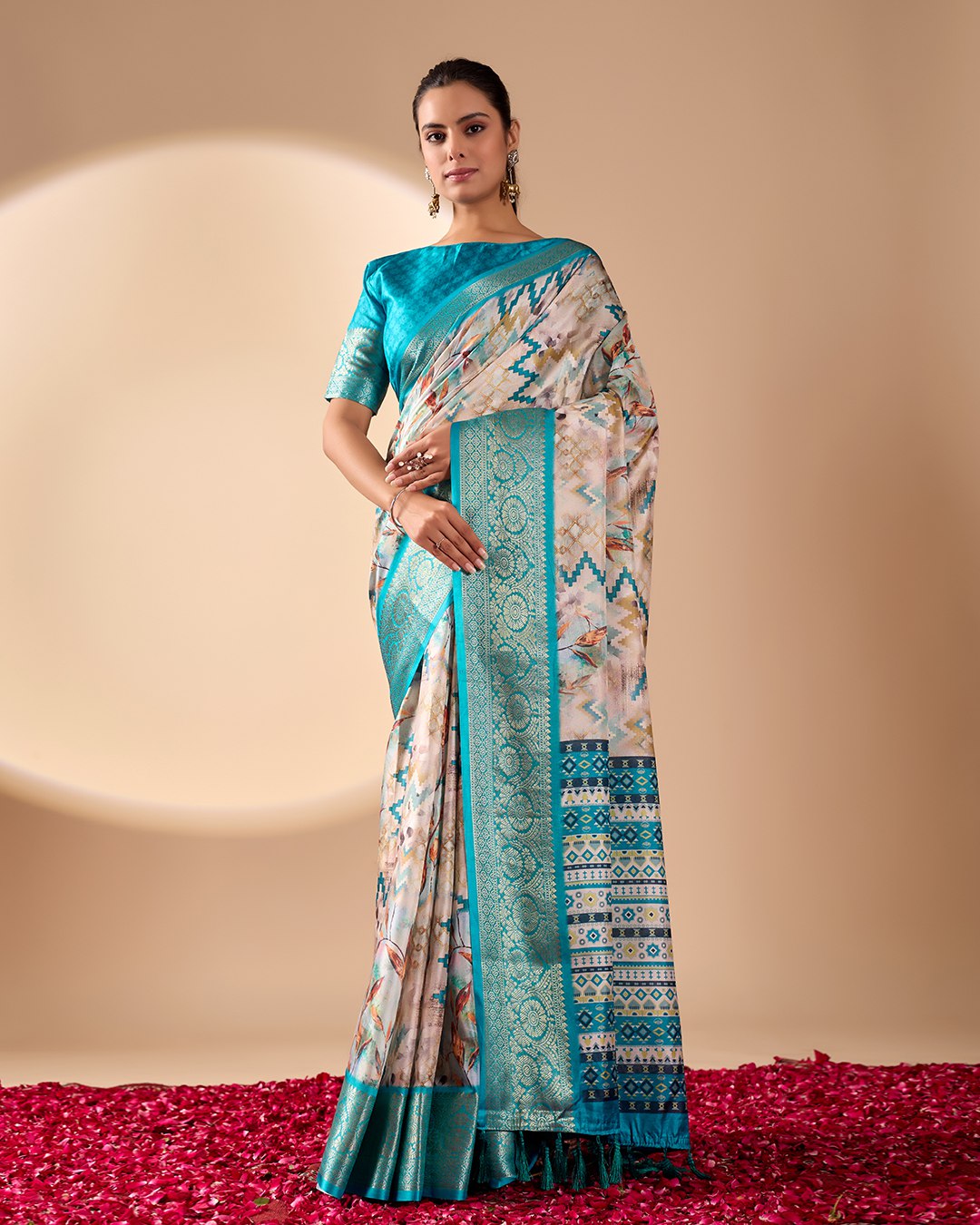 Soft Lichi Silk Saree featuring an Exquisite Combination of Modern Digital Print and Rich Traditional Zari Woven Border.