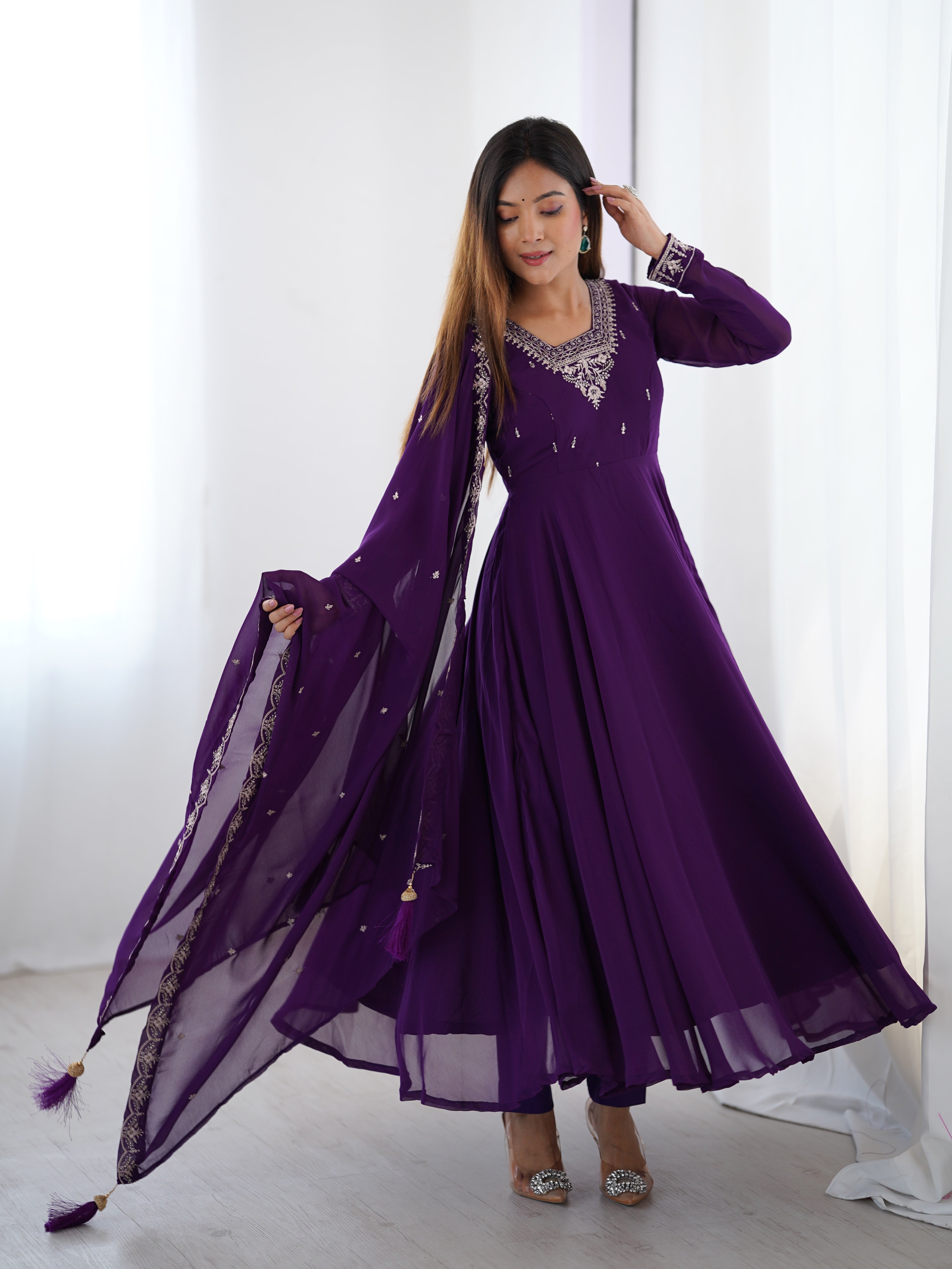 PURE SOFT FOX GEORGETTE FABRIC FULLY FLAIR ANARKALI,WITH DUPPTA SET,PENT READY TO WEAR