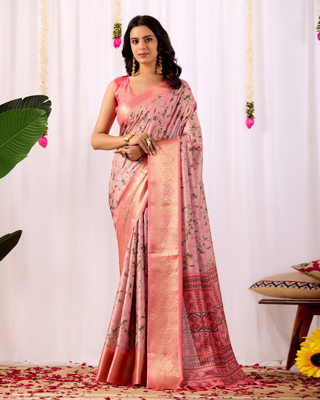 Premium Soft Lichi Silk Saree with a delicate floral print and a rich zari woven border, perfectly blending traditional elegance with modern grace.