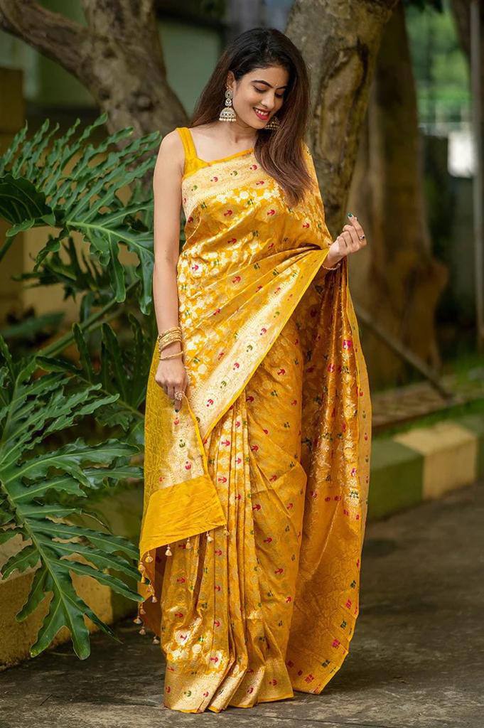 Mango Yellow Banarasi Silk Saree With Zari Weaving Work