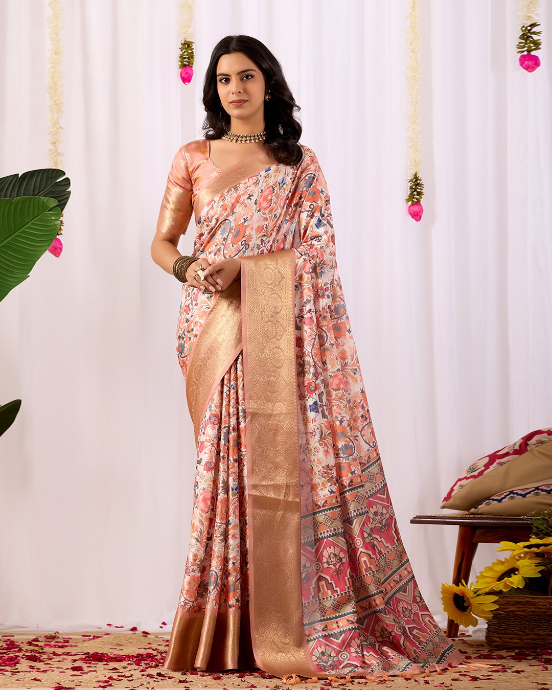 Premium Soft Lichi Silk Saree adorned with intricate floral digital weaving and luxurious golden zari border — blending timeless charm with regal grace.