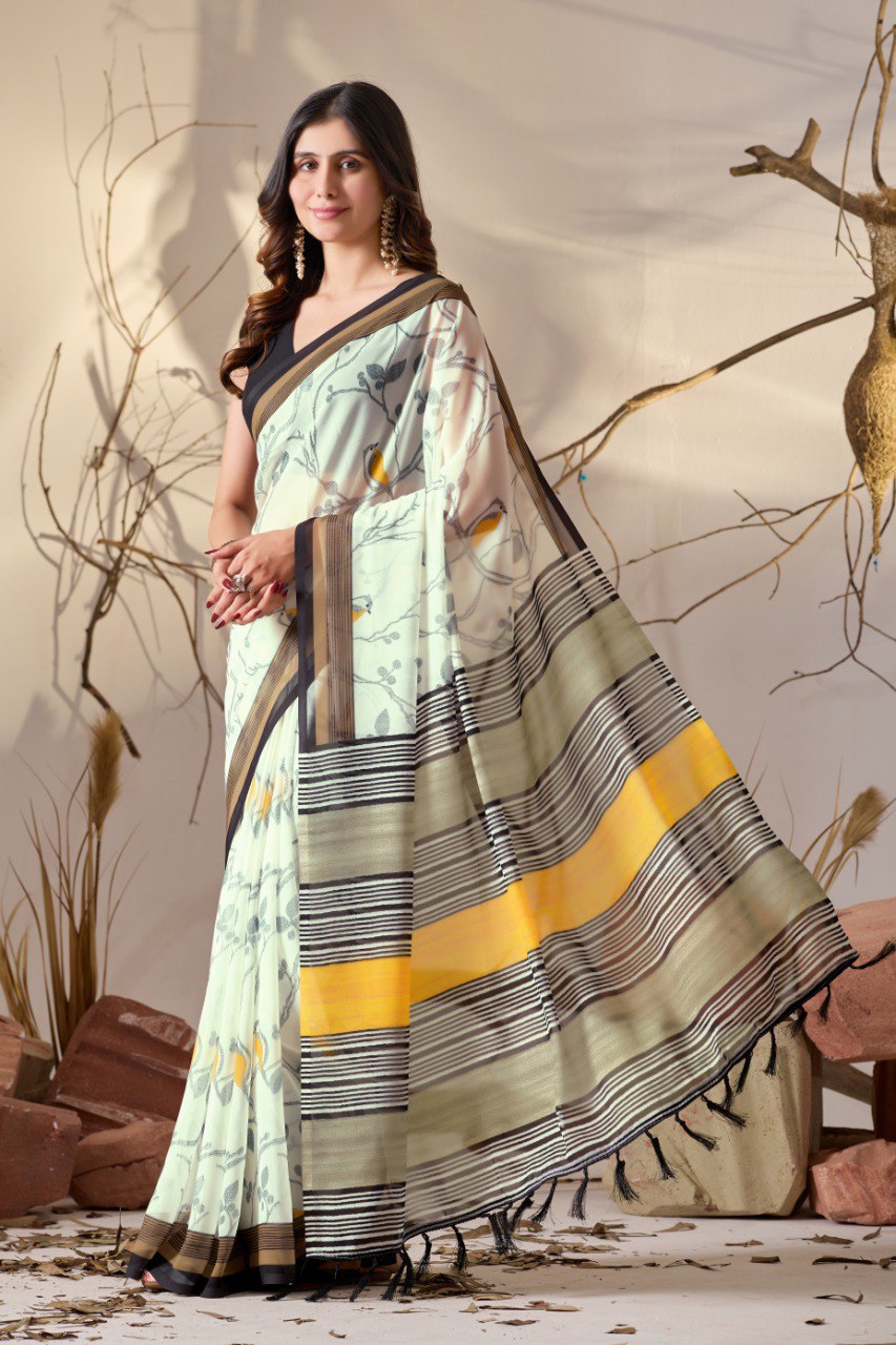 Soft Georgette Lightweight Saree with Delicate Cream Base, Adorned with Subtle Bird & Branch Motifs and Finished with Bold Mustard-Yellow & Black Striped Digital Print Border and Pallu with Elegant Tassel Detailing