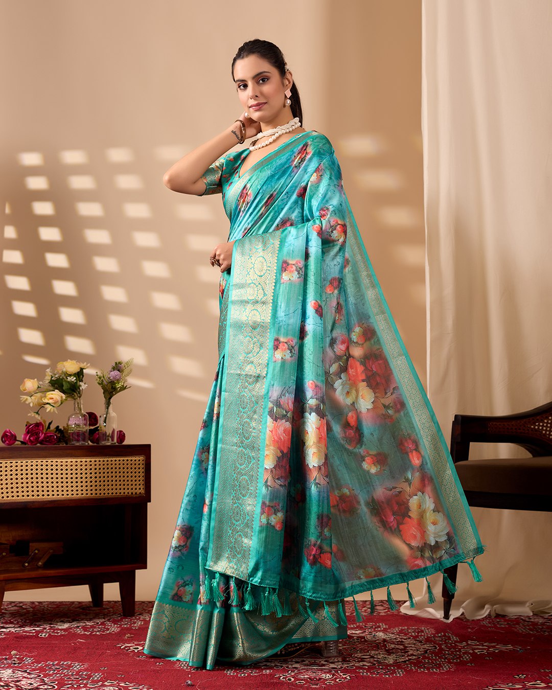 Elegant Soft Lichi Silk Saree adorned with digital floral patterns and a rich golden zari border.