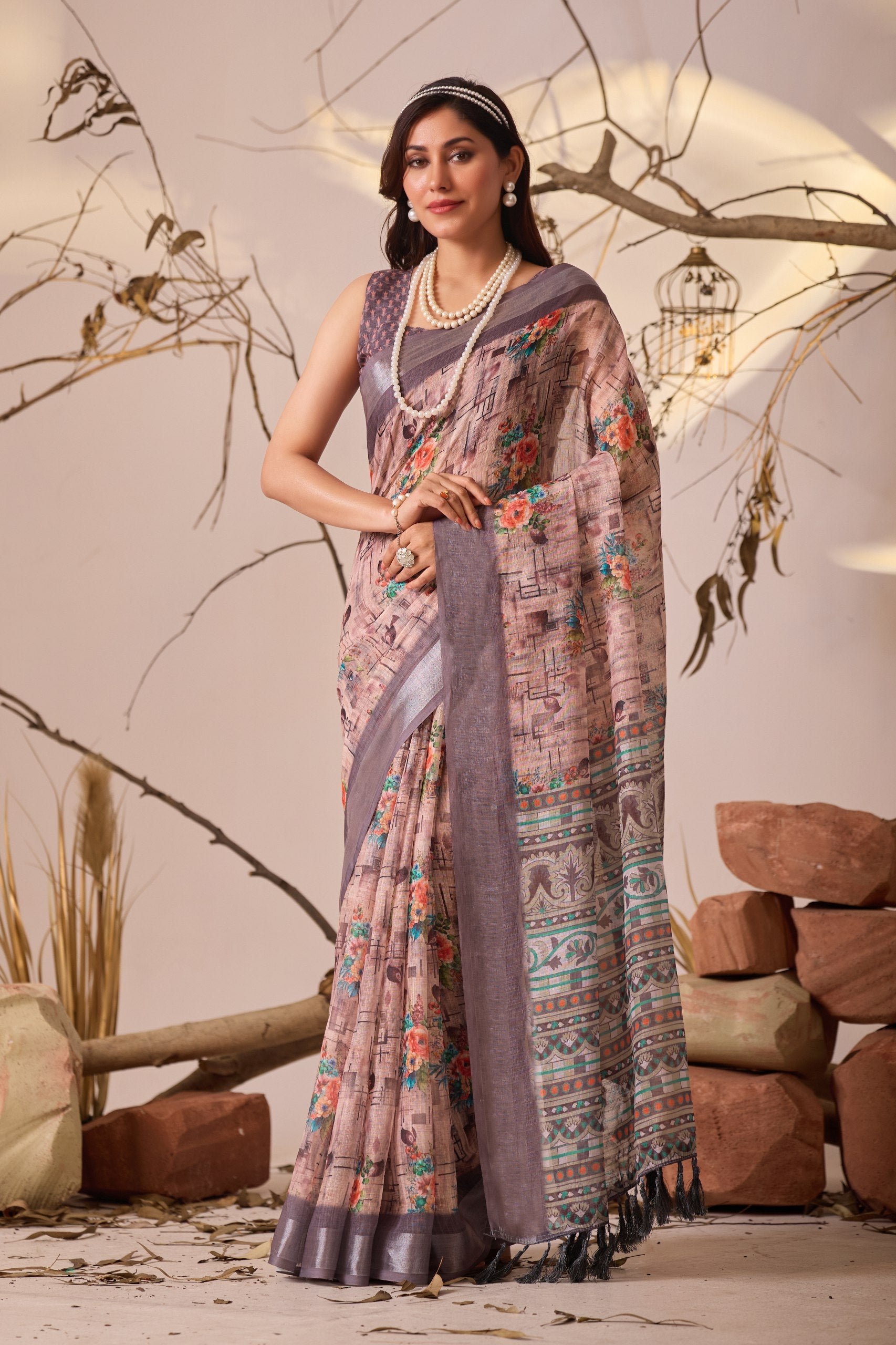Premium Linen Cotton Saree with Elegant Digital Floral & Geometric Print & Classic Contrast Patola Style Border