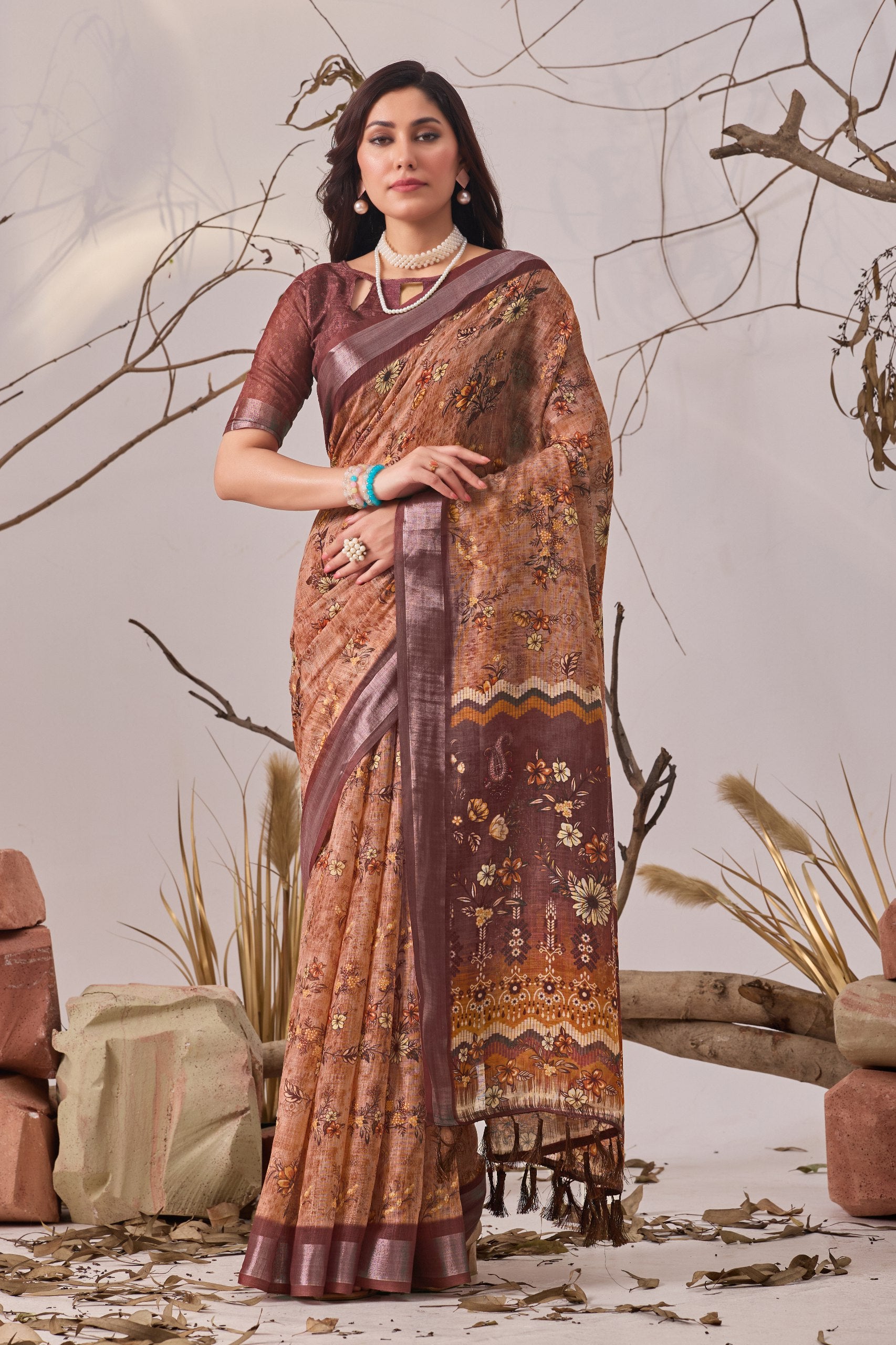 Linen Cotton Saree with Elegant Digital Floral & Traditional Woven-Style Print