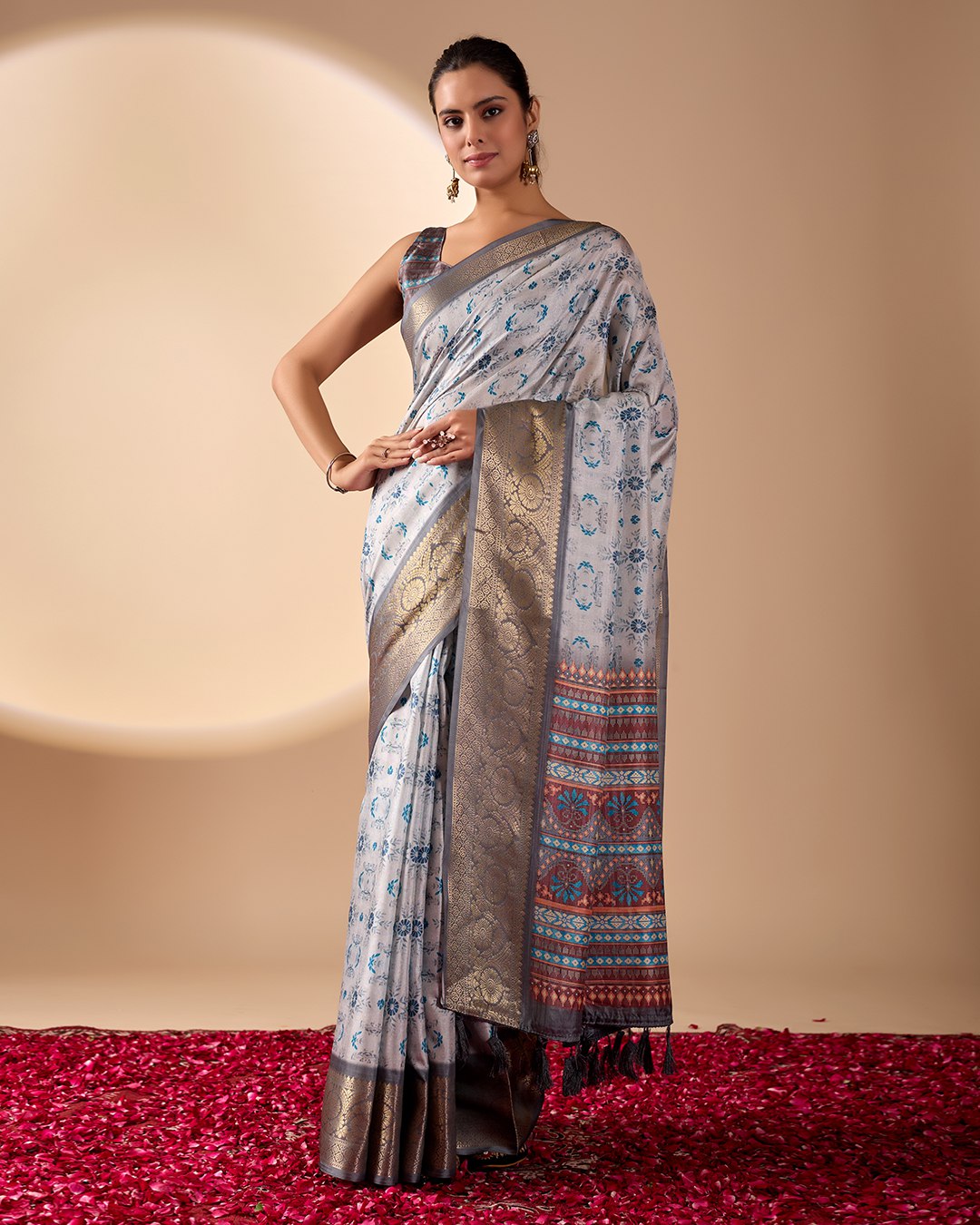 Premium Soft Lichi Silk Saree in Elegant Sea Green Shade, adorned with Artistic Abstract & Floral Digital Prints and enriched with a Luxurious Golden Zari Woven Border