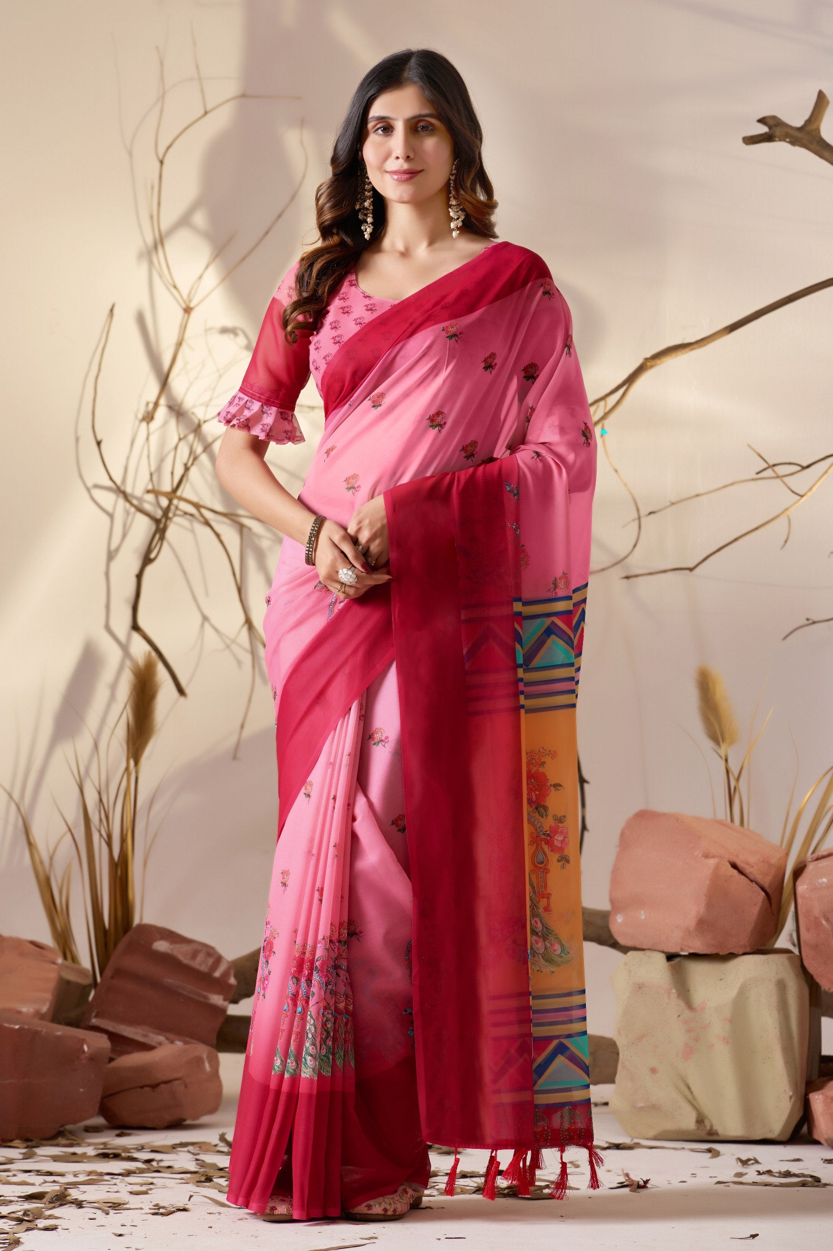 Soft Georgette Saree in Dual Pink Shades Accented with Delicate Floral Digital Printed sarees