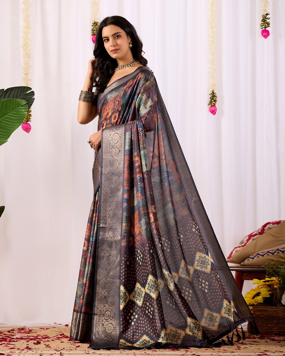 Elegant Soft Lichi Silk Saree with mesmerizing digital ethnic patterns and rich golden zari border — a perfect fusion of vintage artistry and modern luxury.