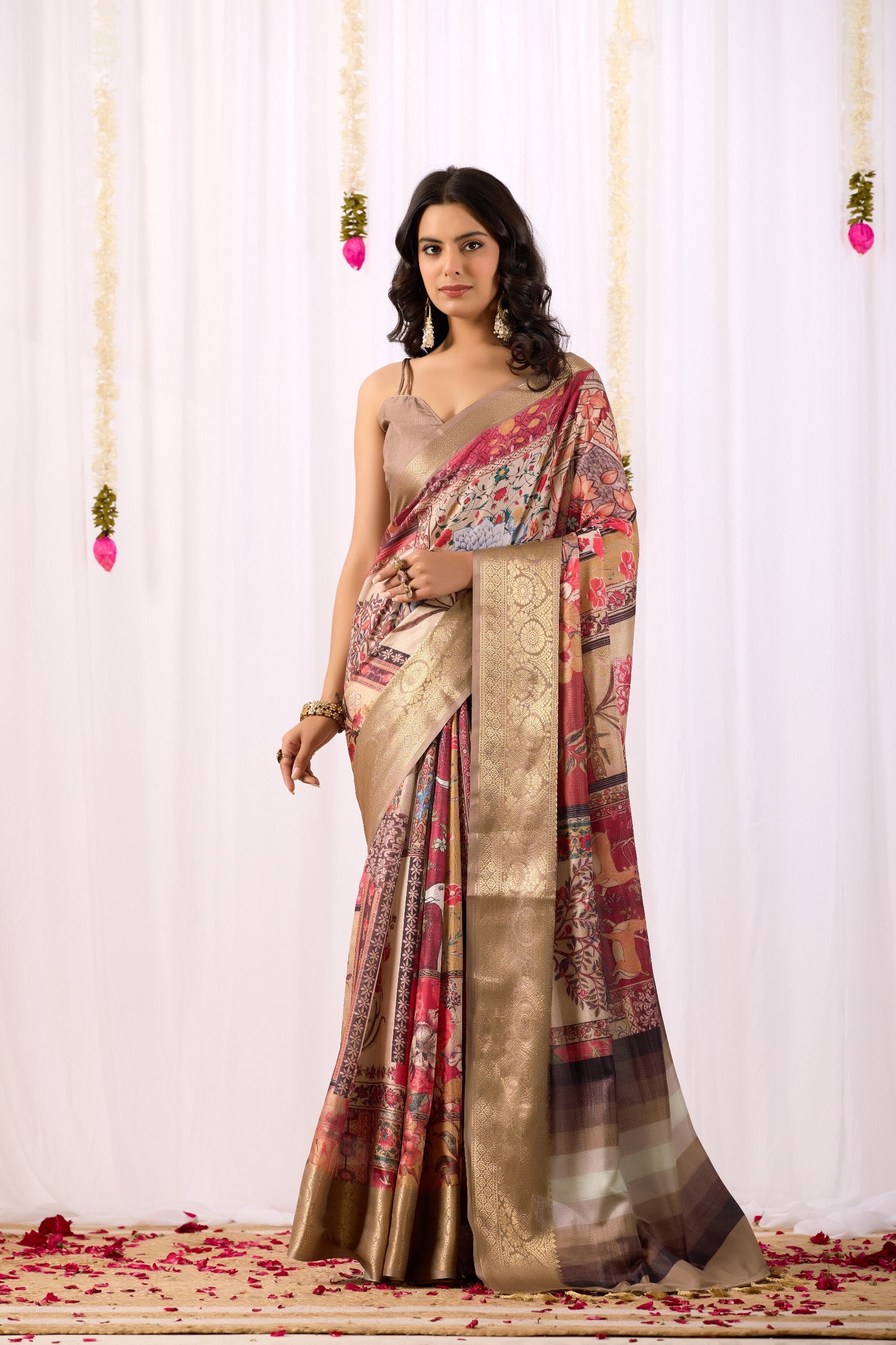 Soft Lichi Silk Saree featuring an Elegant Tribal Art Print with a Luxurious Rich Zari Border