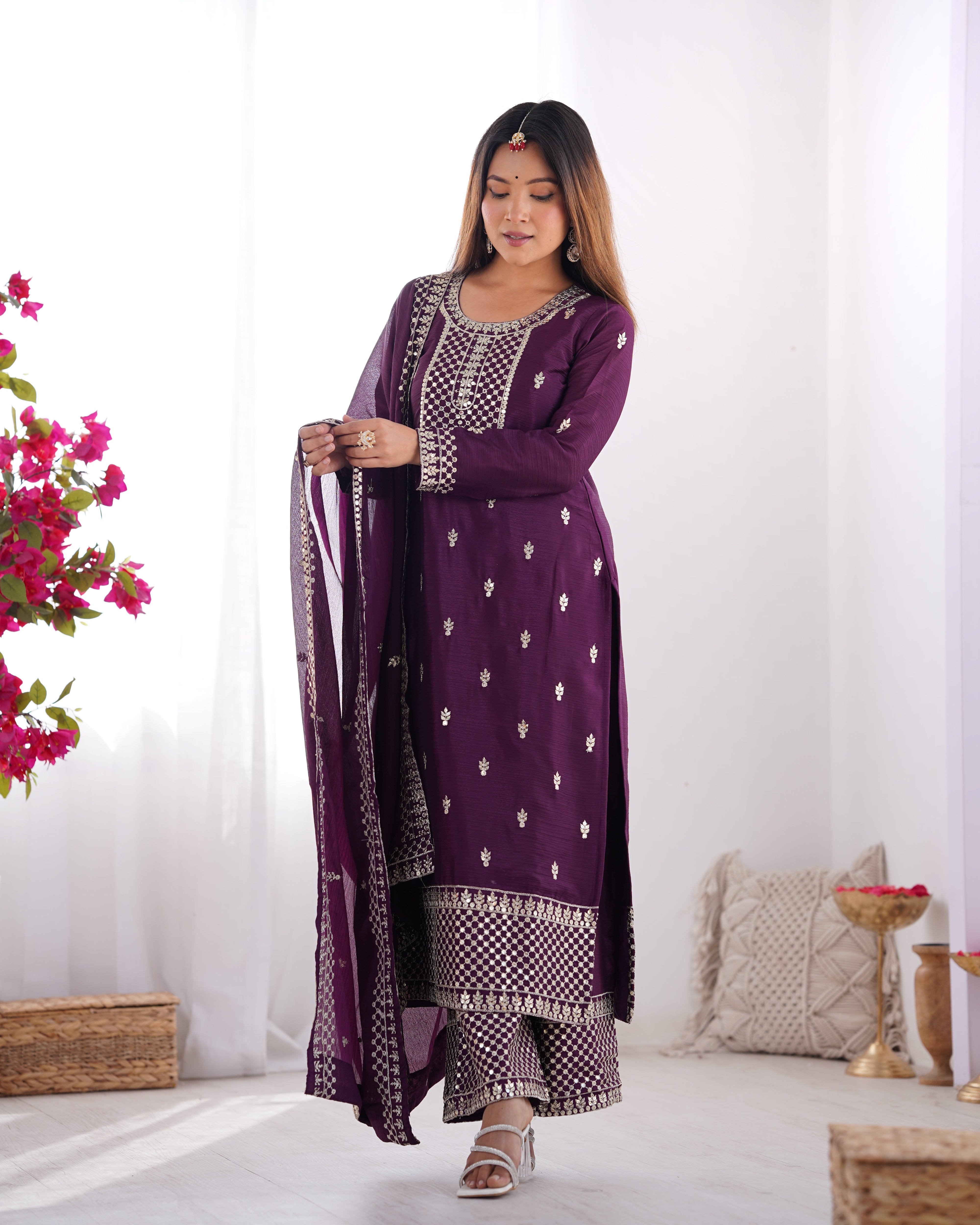 PRESENTING NEW BEAUTIFUL PURE CHINON SILK FABRIC STRAIGHT FIT KURTA WITH DUPPTA SET,TROUSERS,READY TO WEAR*