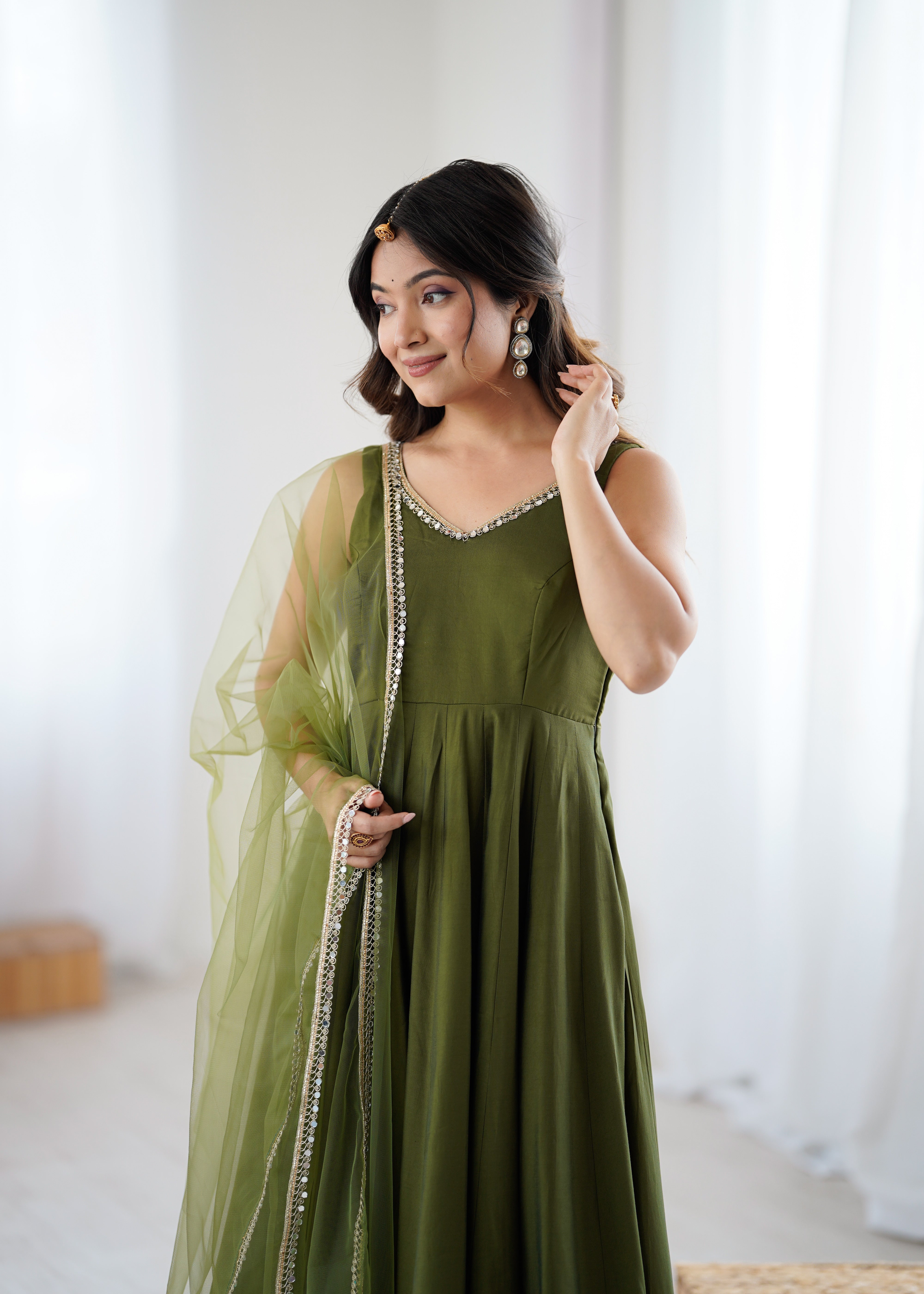 PURE ROMANSILK CHANDERI FABRIC FULLY FLAIR ANARKALI,WITH DUPPTA SET,PENT READY TO WEAR