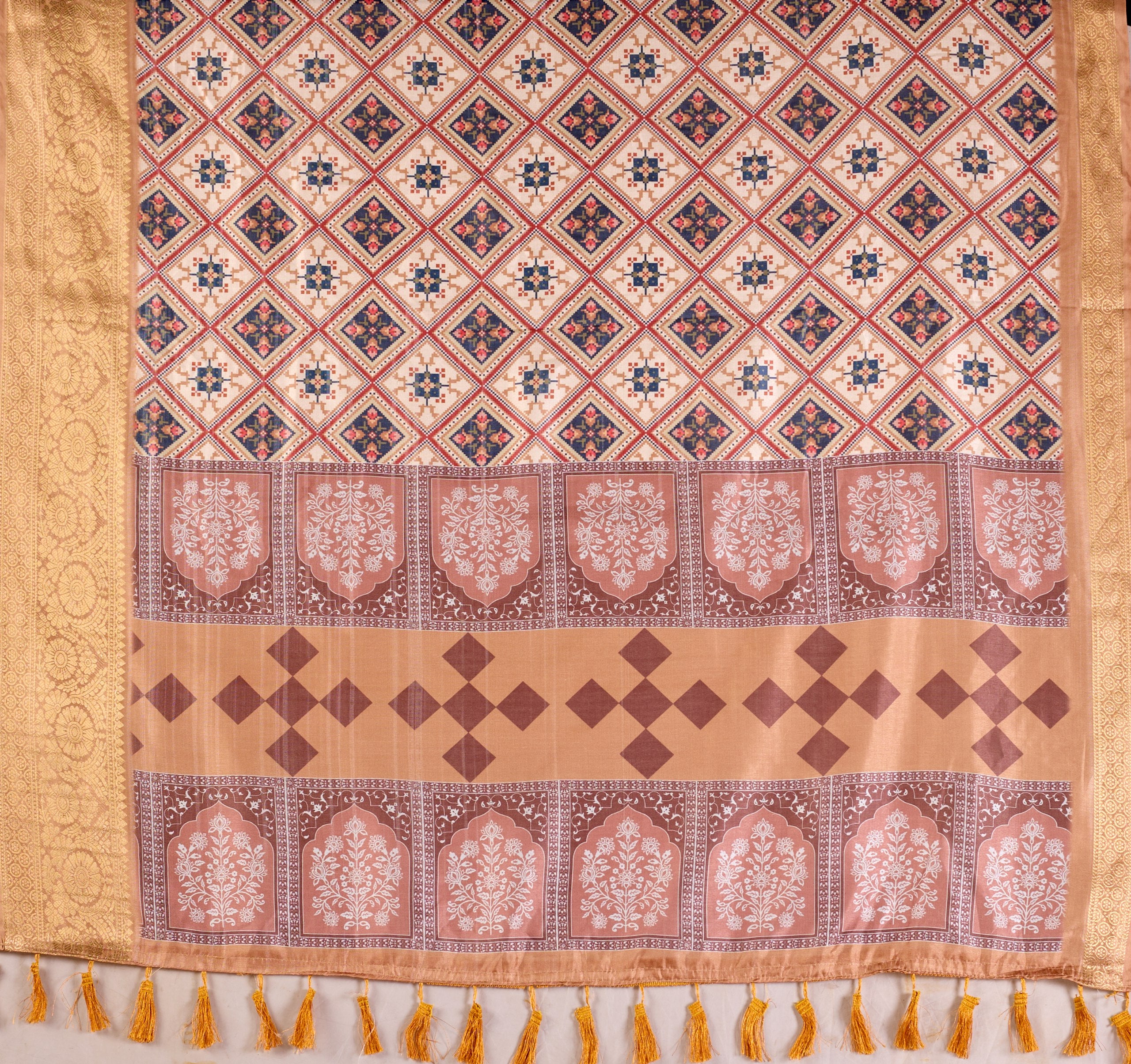 Premium Soft Lichi Silk Saree featuring elegant traditional geometric patterns, beautifully enhanced with a luxurious golden zari woven border — a graceful choice for every festive or formal occasion.