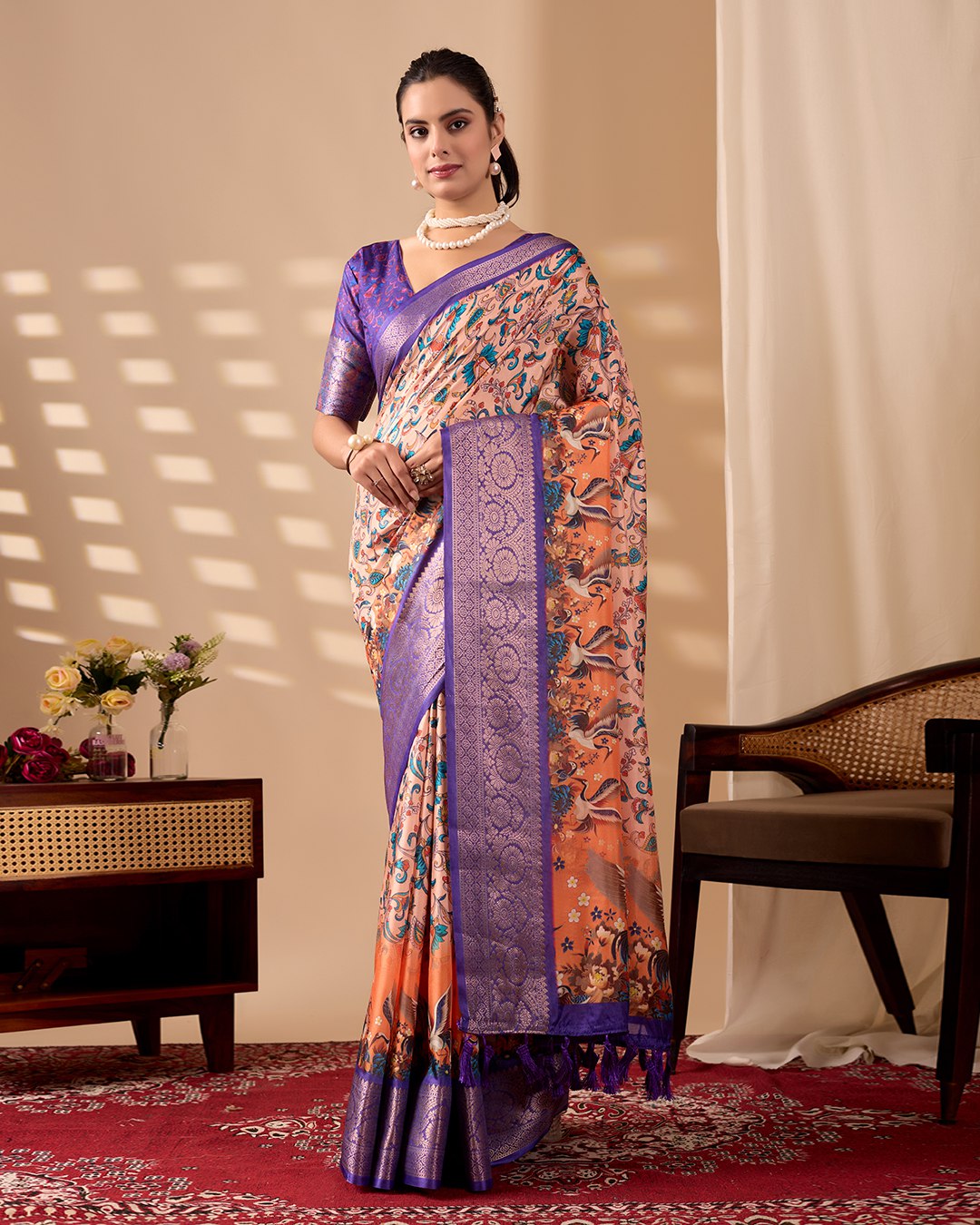 Elegant Soft Lichi Silk Saree featuring exquisite digital ethnic motifs and a royal purple golden zari border.