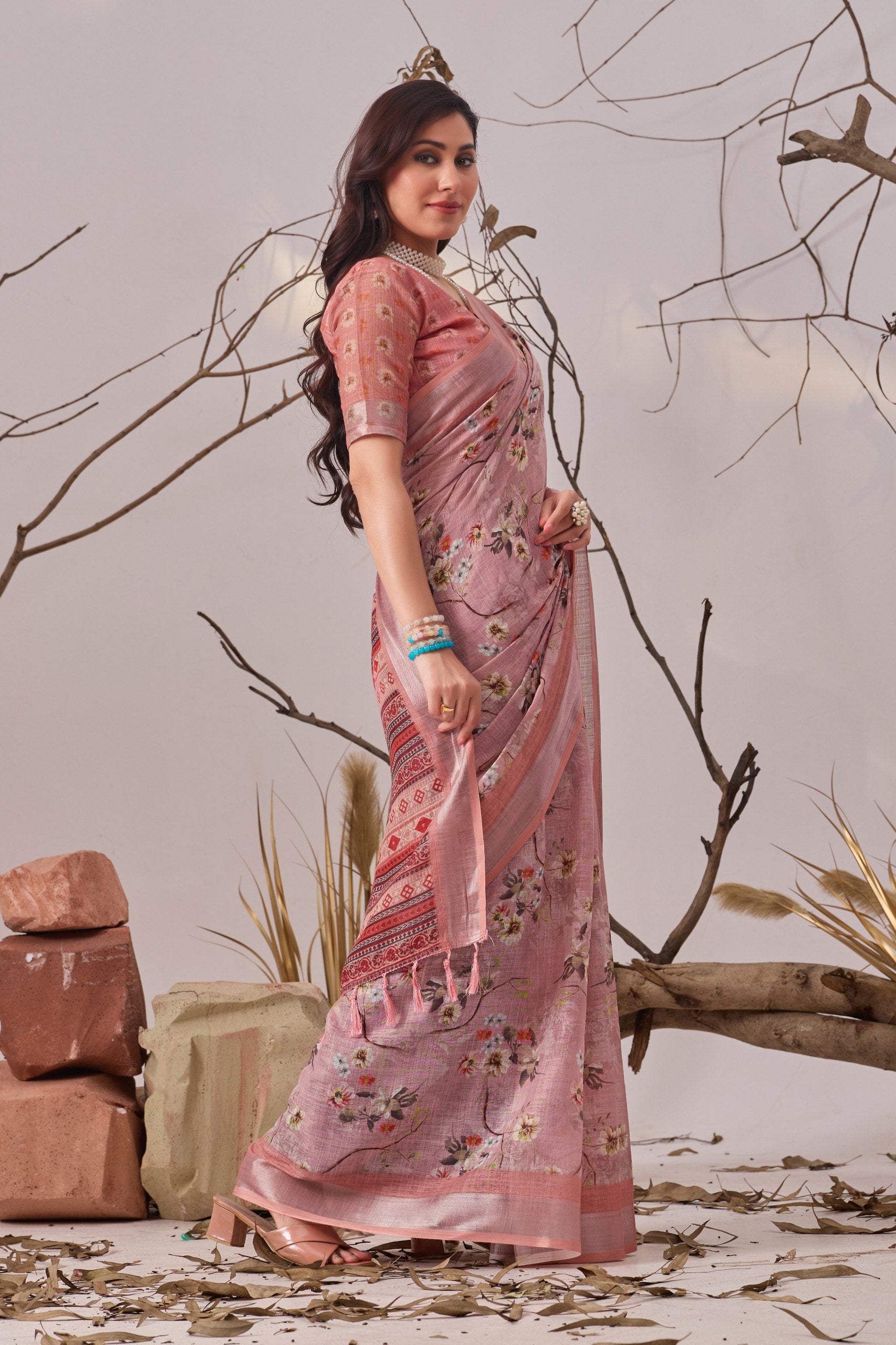 Premium Linen Cotton Saree with Graceful Digital Floral Print & Traditional Patola Border Design