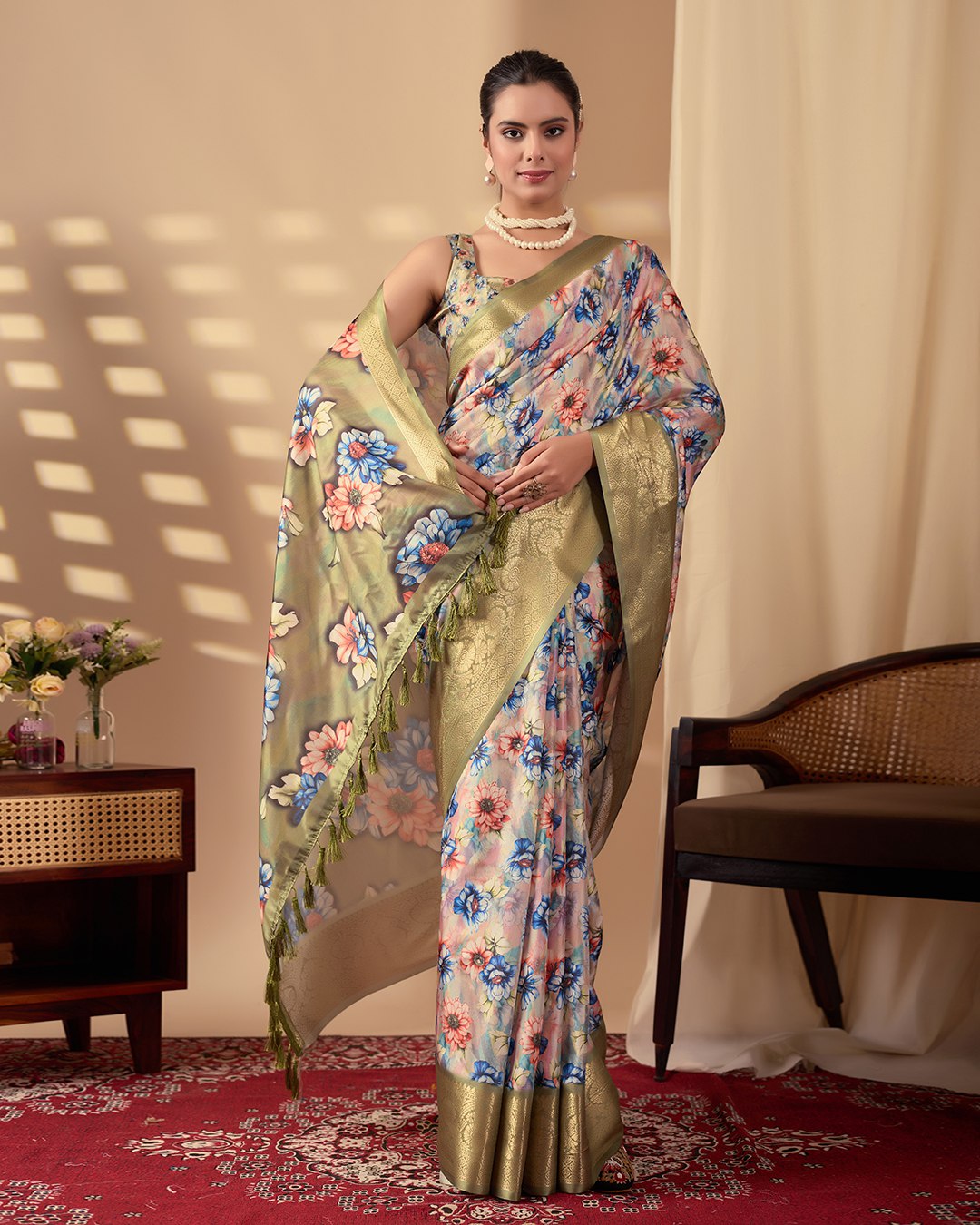 Elegant Soft Lichi Silk Saree adorned with mesmerizing digital floral patterns and a rich golden zari border