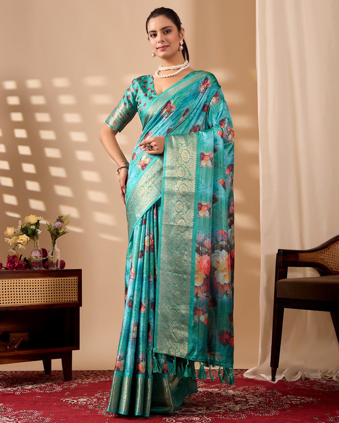 Elegant Soft Lichi Silk Saree adorned with digital floral patterns and a rich golden zari border.