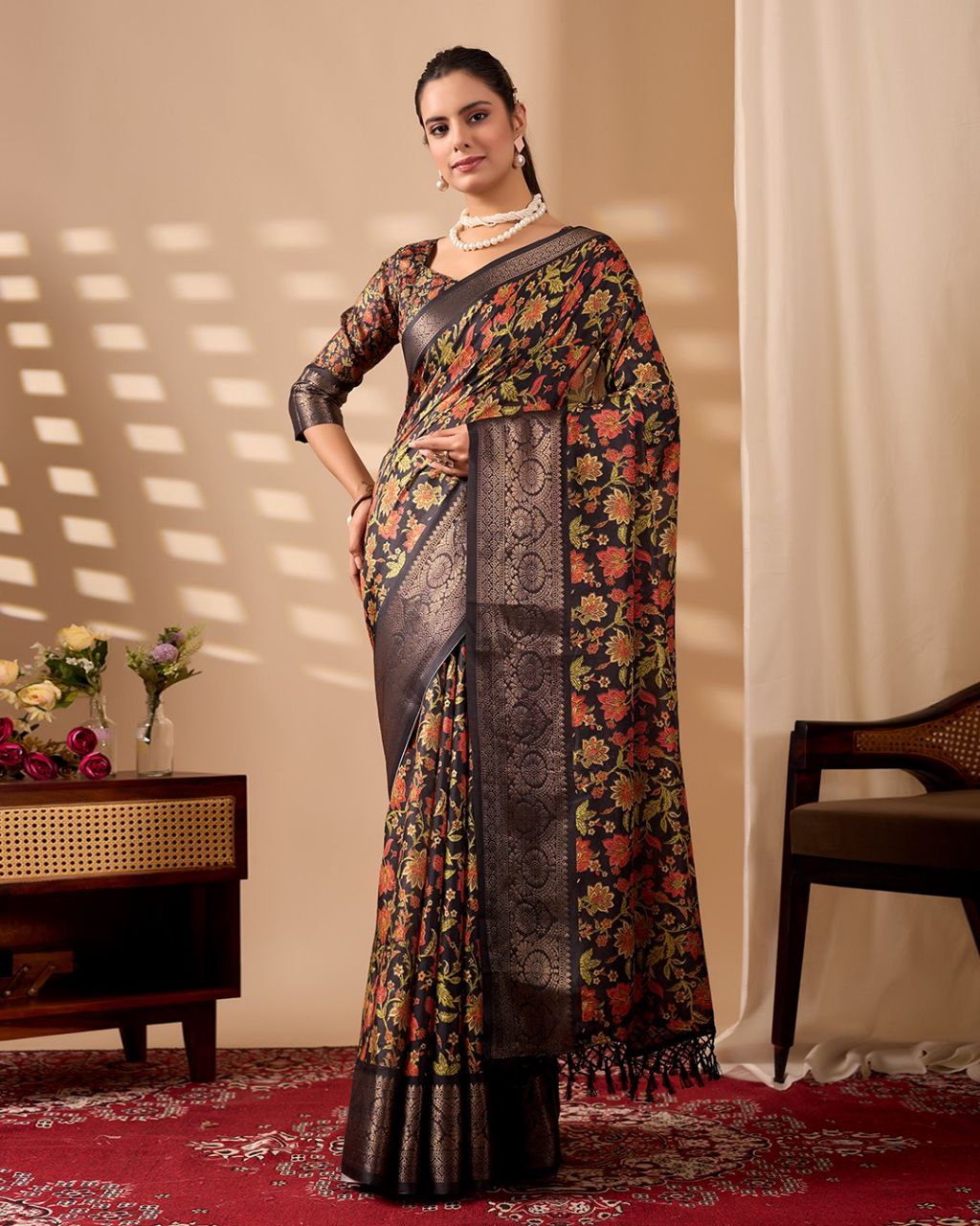 Exquisite Soft Lichi Silk Saree featuring stunning digital floral motifs on a rich black base, beautifully complemented by a luxurious golden zari border.