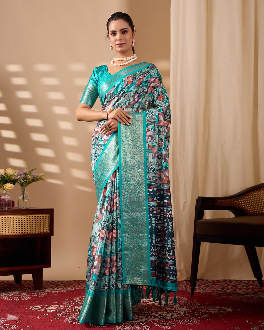 Premium Soft Lichi Silk Saree in Elegant Sea Green Shade, adorned with Artistic Abstract & Floral Digital Prints and enriched with a Luxurious Golden Zari Woven Border — a perfect blend of tradition and trend for festive & party occasions.
