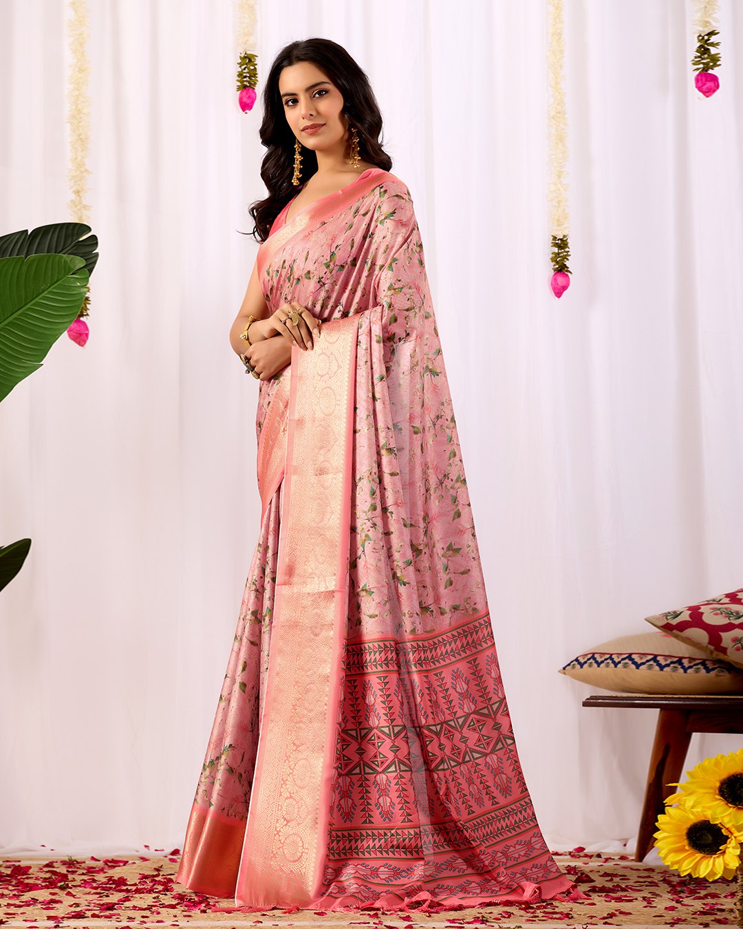 Premium Soft Lichi Silk Saree with a delicate floral print and a rich zari woven border, perfectly blending traditional elegance with modern grace.