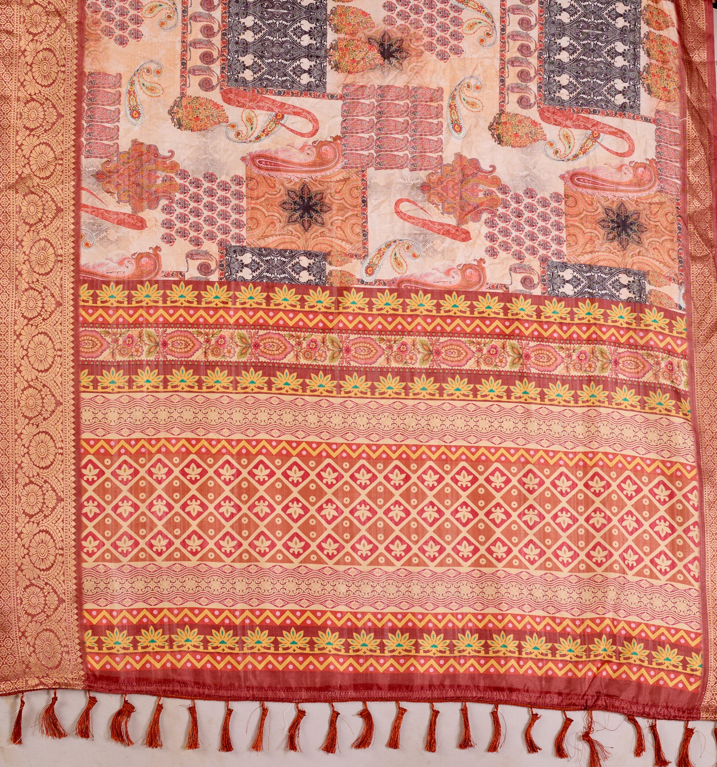 Premium Soft Lichi Silk Saree in an Elegant Peach & Multicolor Shade, beautifully adorned with Traditional and Artistic Digital Prints.