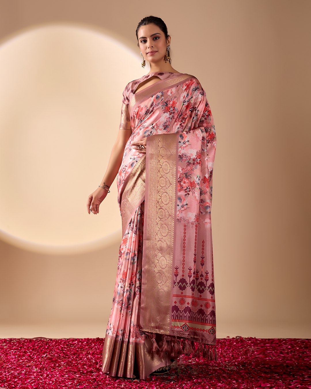 Gorgeous Soft Lichi Silk Saree with enchanting digital floral prints and a rich golden zari border.
