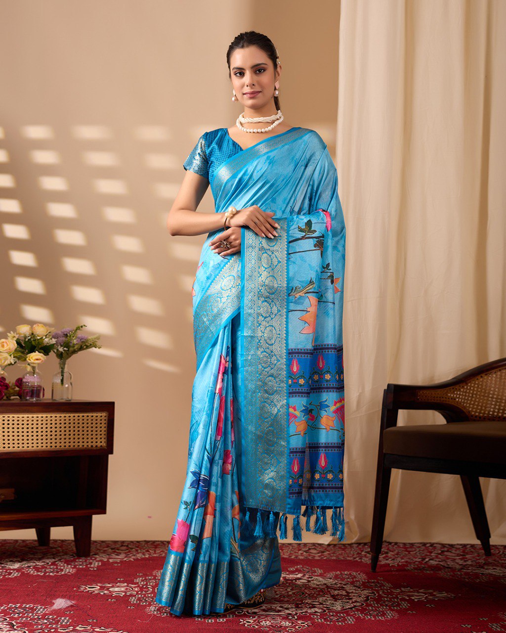 Soft Lichi Silk Saree in Serene Sky Blue Tone adorned with mesmerizing lotus-inspired digital prints and complemented by a luxurious golden zari woven border & pallu