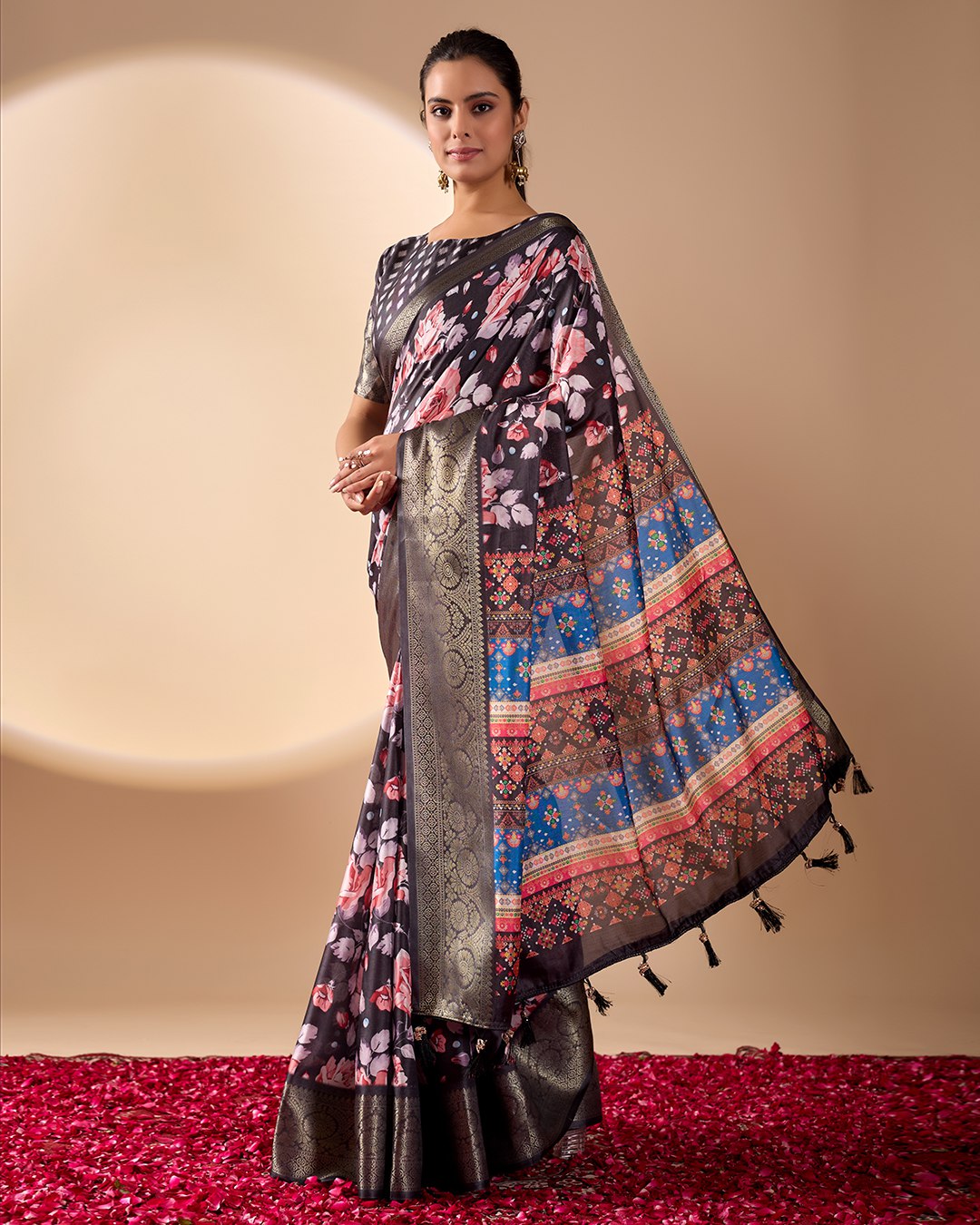 Premium Soft Lichi Silk Saree in Rich Black Tone, adorned with Artistic Floral Prints and a Vibrant Traditional Multicolor Pallu.