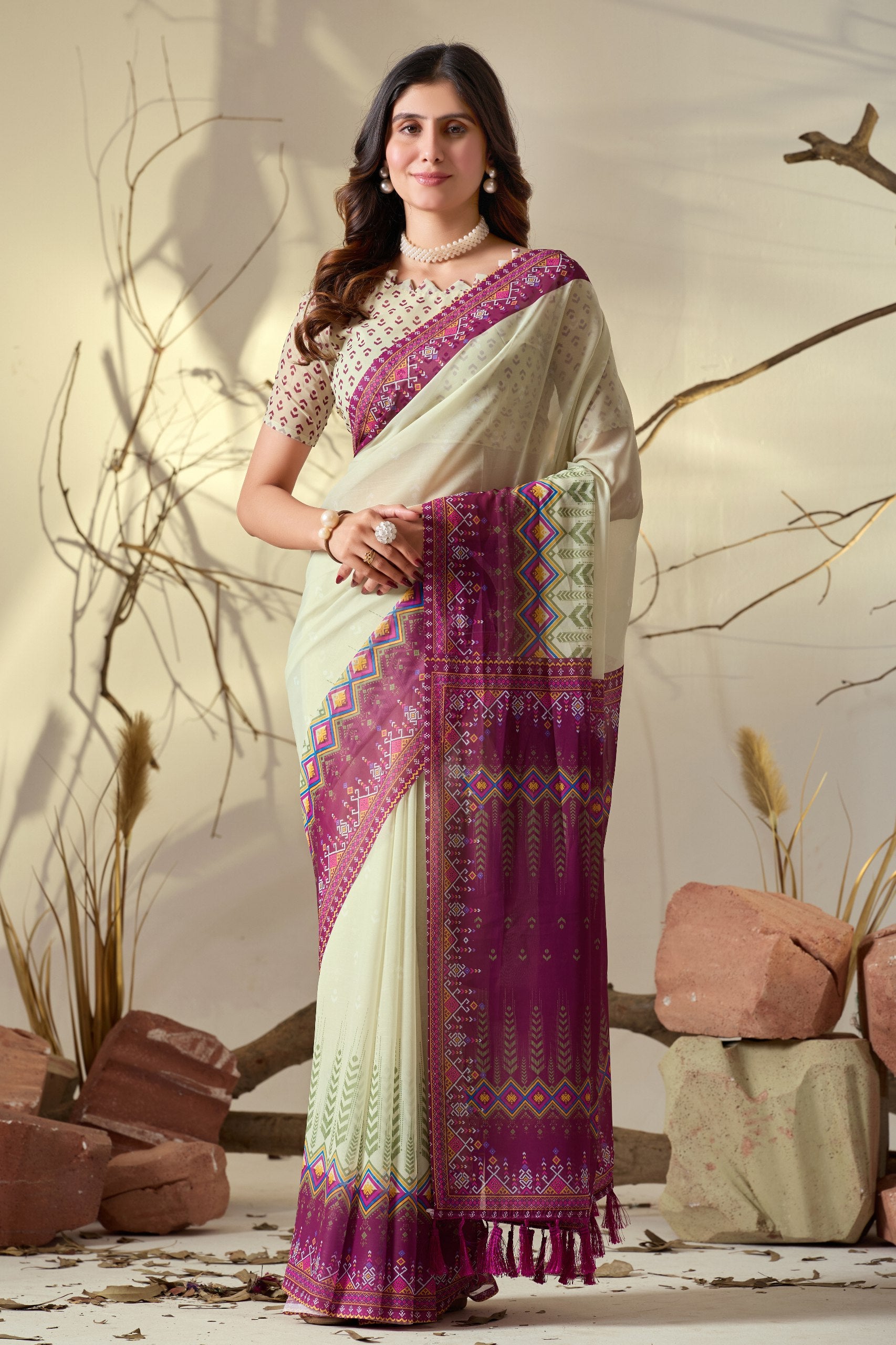 Soft Georgette Saree with Artistic Cream body and Deep Pink Geometric Digital Print border and pallu with Tassel Detailing (5.5 Mtr Saree)