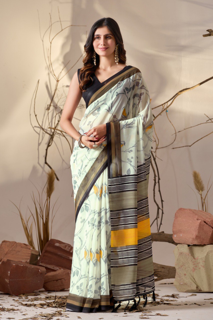 Soft Georgette Lightweight Saree with Delicate Cream Base, Adorned with Subtle Bird & Branch Motifs and Finished with Bold Mustard-Yellow & Black Striped Digital Print Border and Pallu with Elegant Tassel Detailing