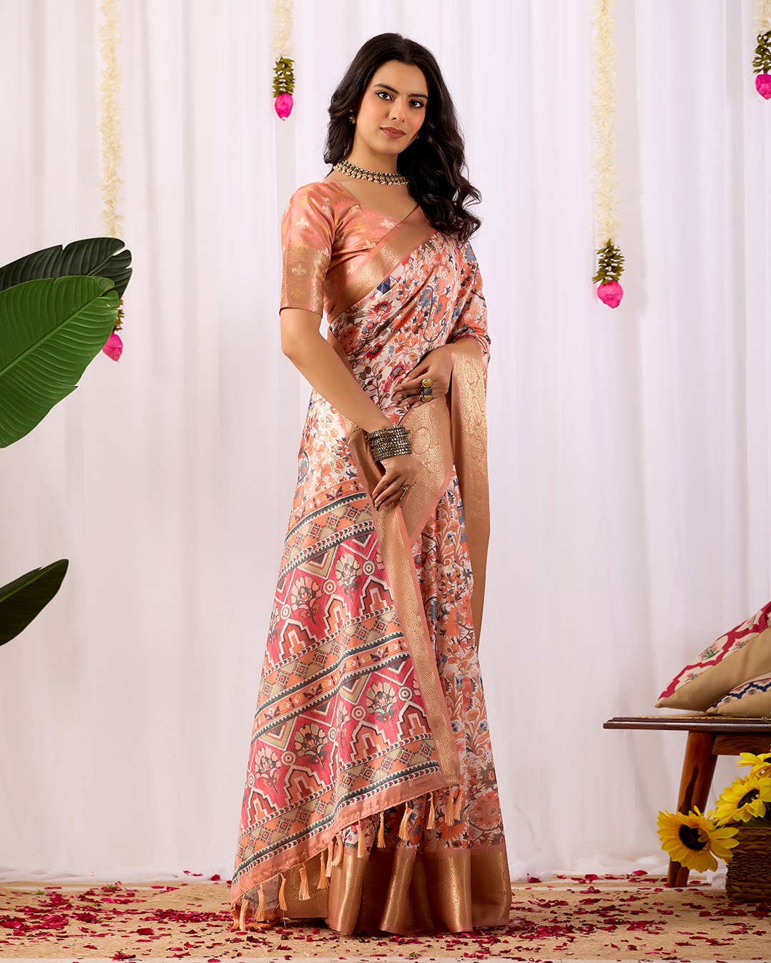 Premium Soft Lichi Silk Saree adorned with intricate floral digital weaving and luxurious golden zari border — blending timeless charm with regal grace.