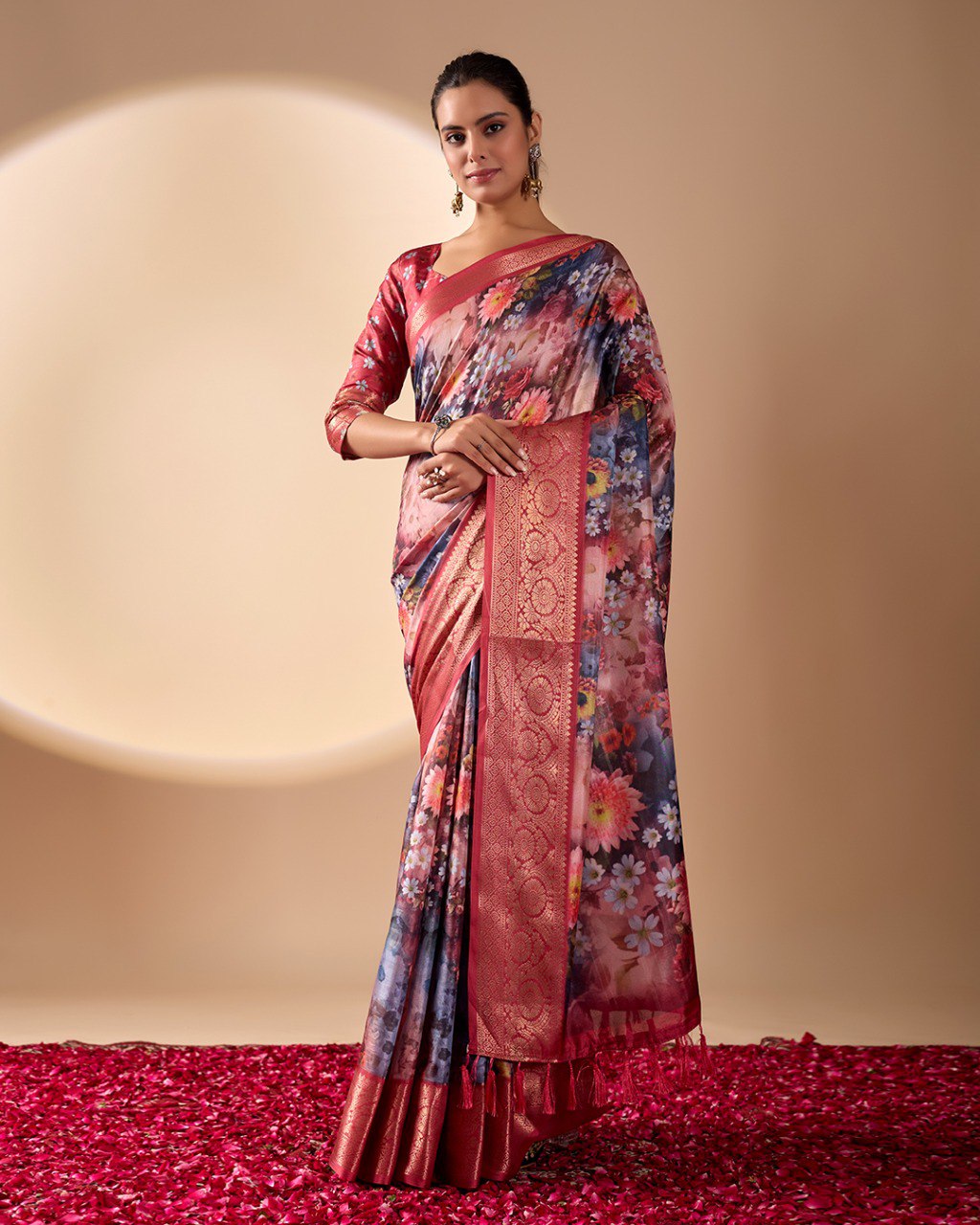 Luxurious Soft Lichi Silk Saree in Deep Wine Rose Shade featuring enchanting floral digital prints and complemented by a rich woven zari border & pallu — an epitome of elegance, beauty, and sophistication.