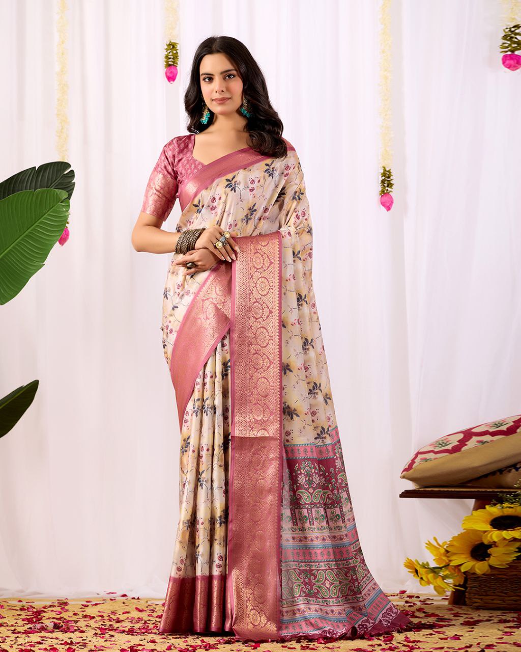Premium Soft Lichi Silk Saree featuring mesmerizing floral digital prints beautifully enhanced with an elegant contrast zari woven border.