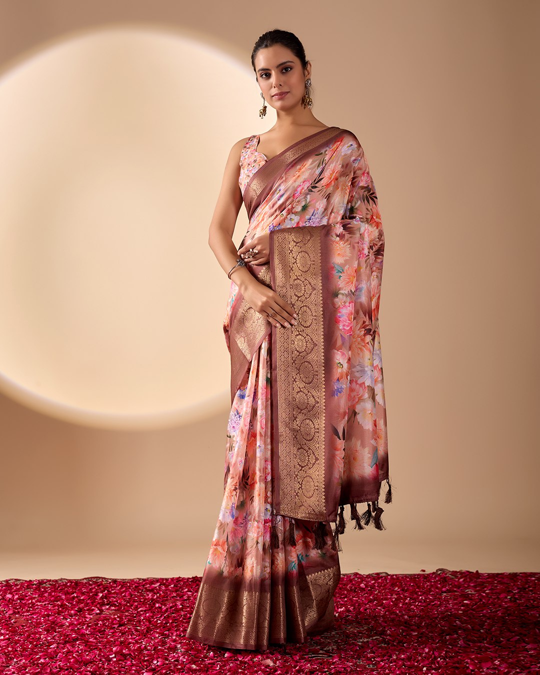 Elegant Soft Lichi Silk Saree featuring mesmerizing digital floral patterns and a rich golden zari border — the perfect blend of vintage charm and modern sophistication.