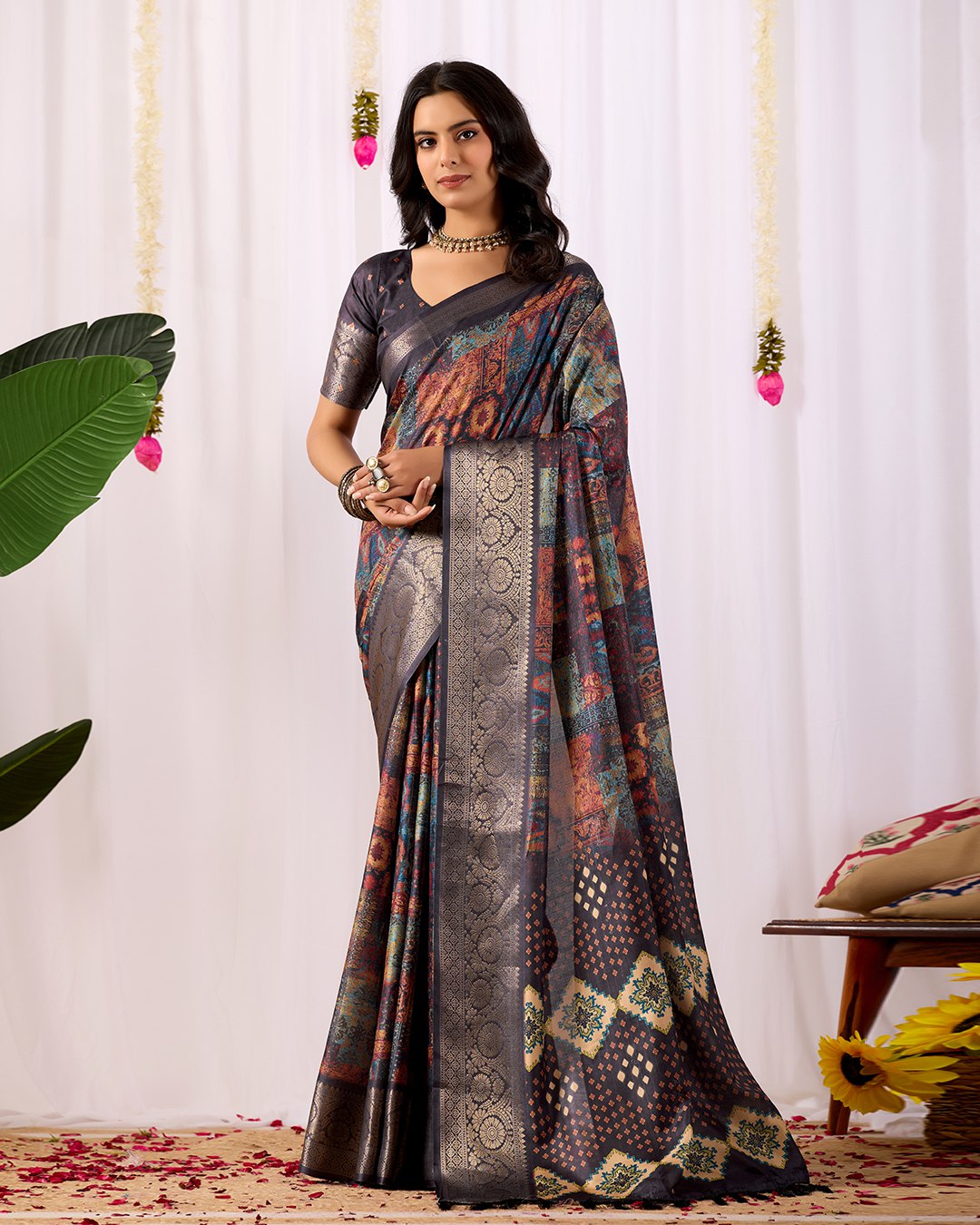 Elegant Soft Lichi Silk Saree with mesmerizing digital ethnic patterns and rich golden zari border — a perfect fusion of vintage artistry and modern luxury.