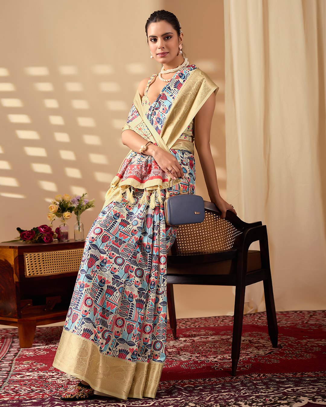Exquisite Soft Lichi Silk Saree enriched with artistic multicolor digital weaving and a grand golden zari border