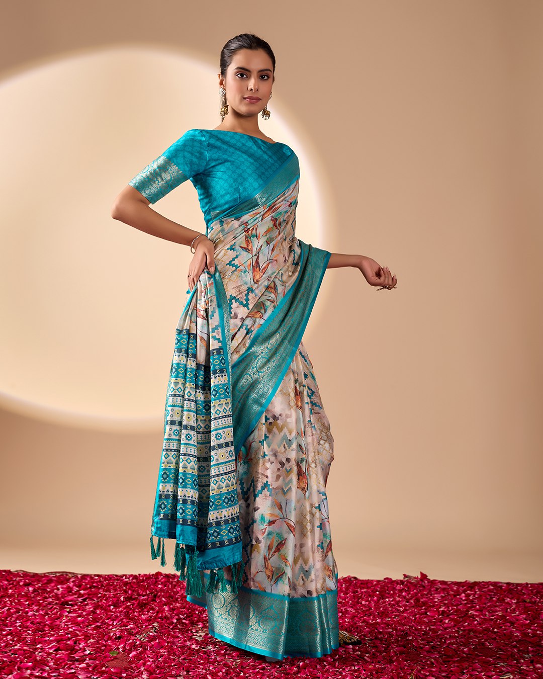 Soft Lichi Silk Saree featuring an Exquisite Combination of Modern Digital Print and Rich Traditional Zari Woven Border.