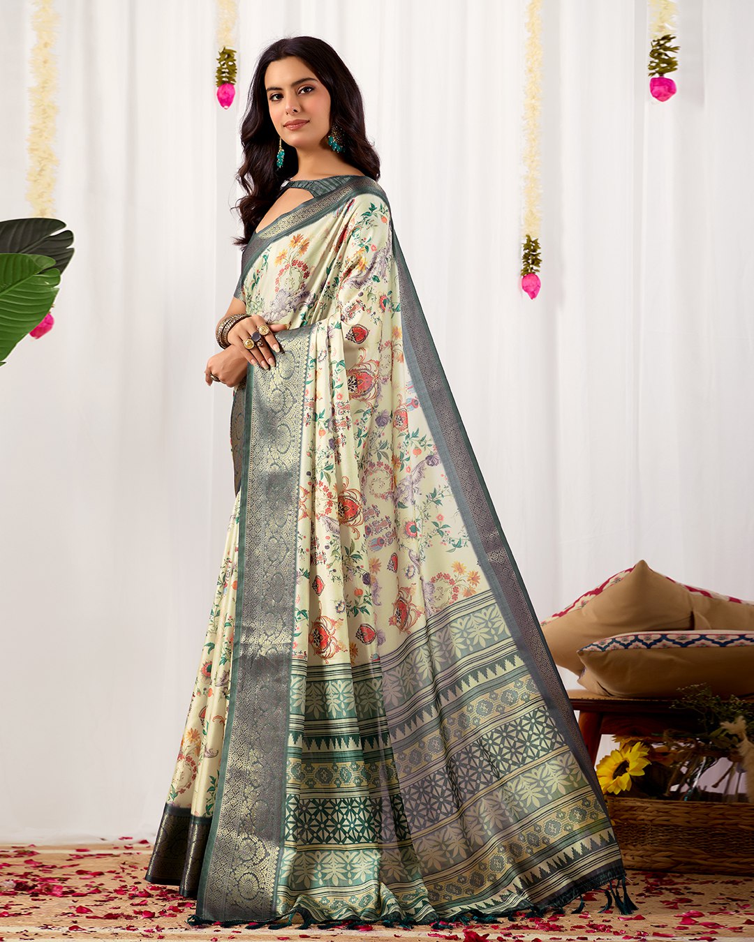 Premium Soft Lichi Silk Saree adorned with vibrant digital floral prints, complemented by a rich, intricately woven zari border — a perfect blend of luxury and tradition.