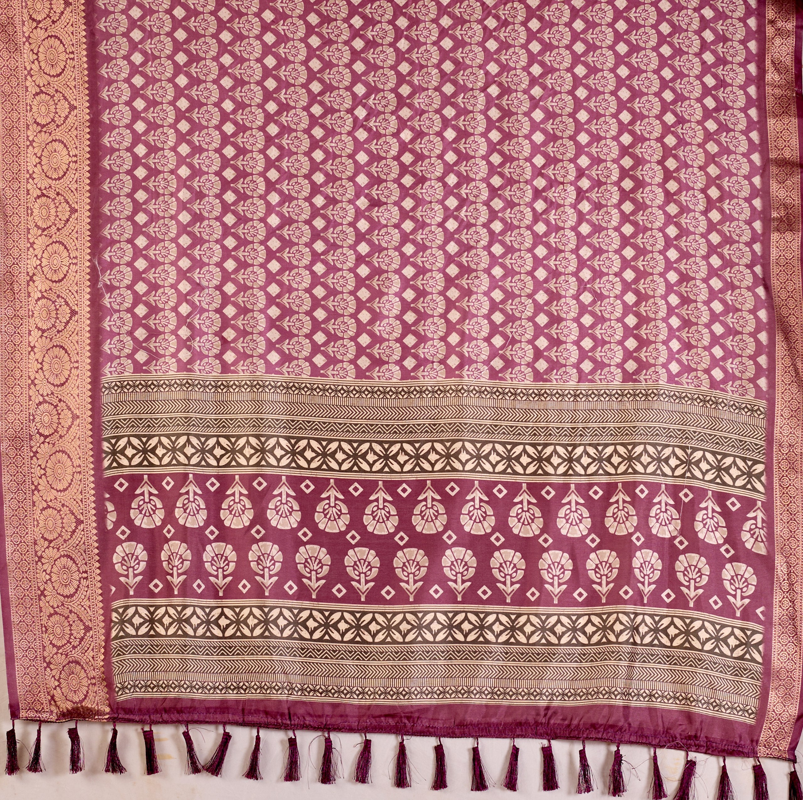 Regal Soft Lichi Silk Saree adorned with intricate digital ethnic weaving motifs and a luxurious golden zari border.
