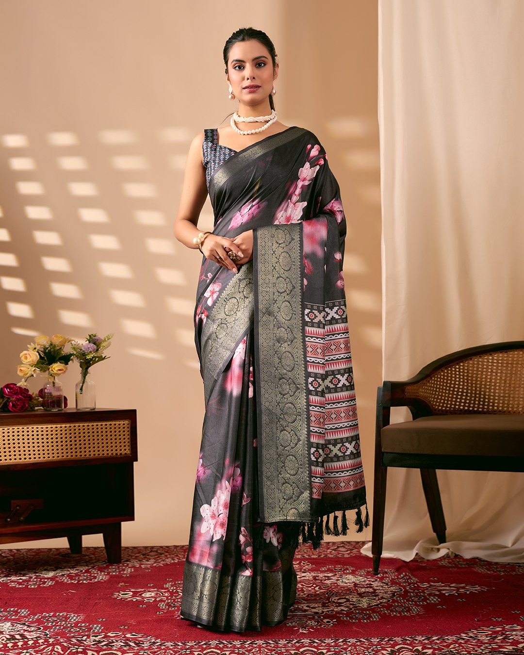 Stunning Soft Lichi Silk Saree featuring digital floral artistry on a deep elegant base with a rich golden zari border.