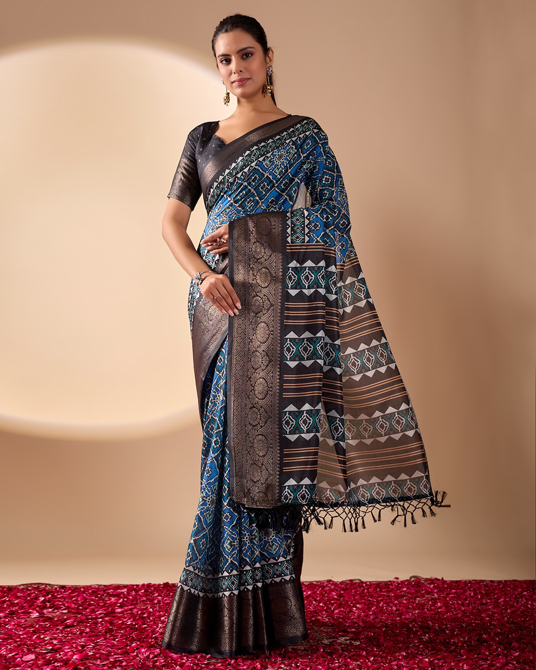 Exquisite Soft Lichi Silk Saree featuring elegant digital ethnic geometric designs paired with a luxurious copper zari border.