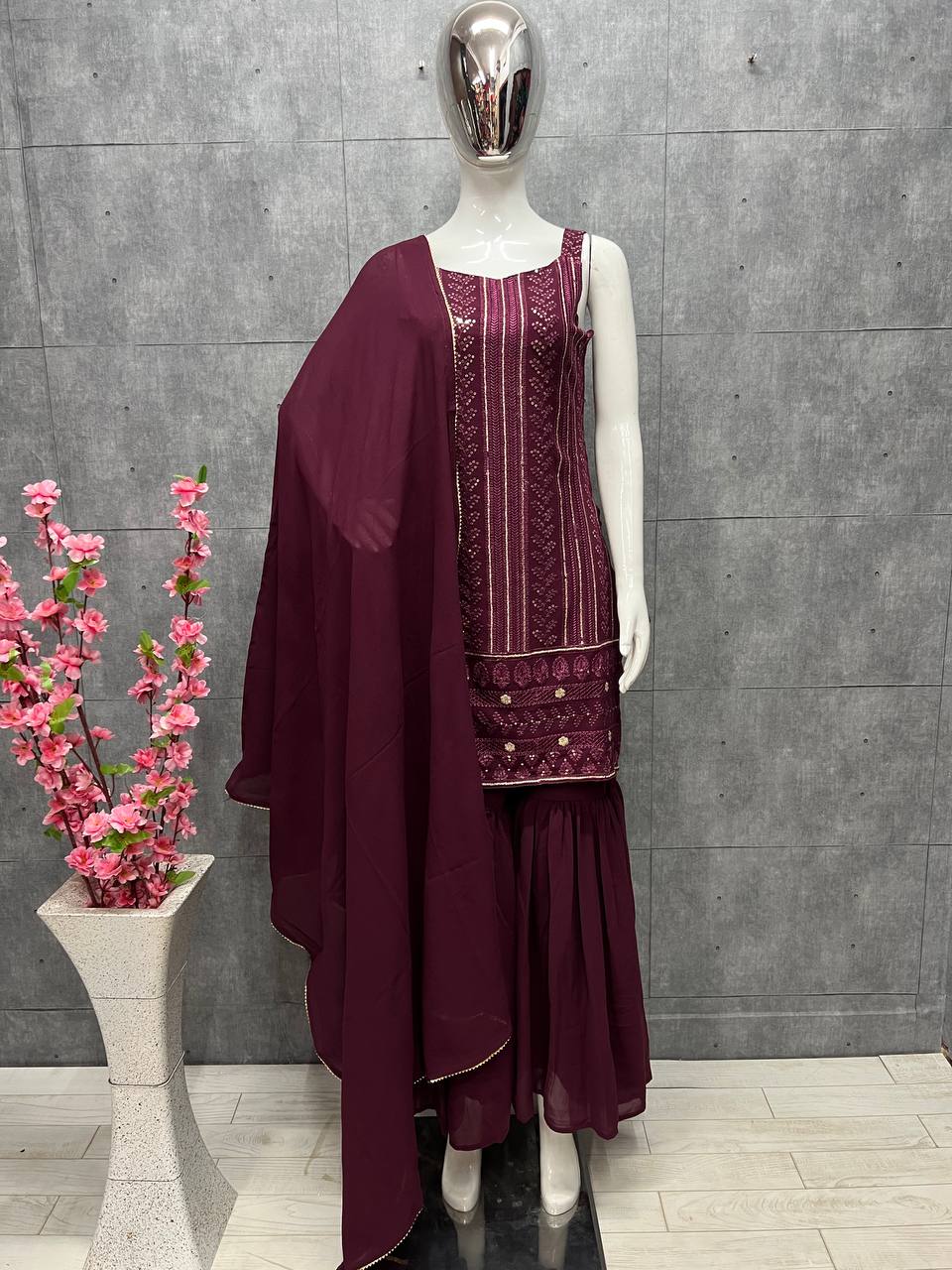 most demanded Beautiful pure Lukhnowi kurta embroidery cotton thread work,sequence work ,sharara And duppta set ready to wear*