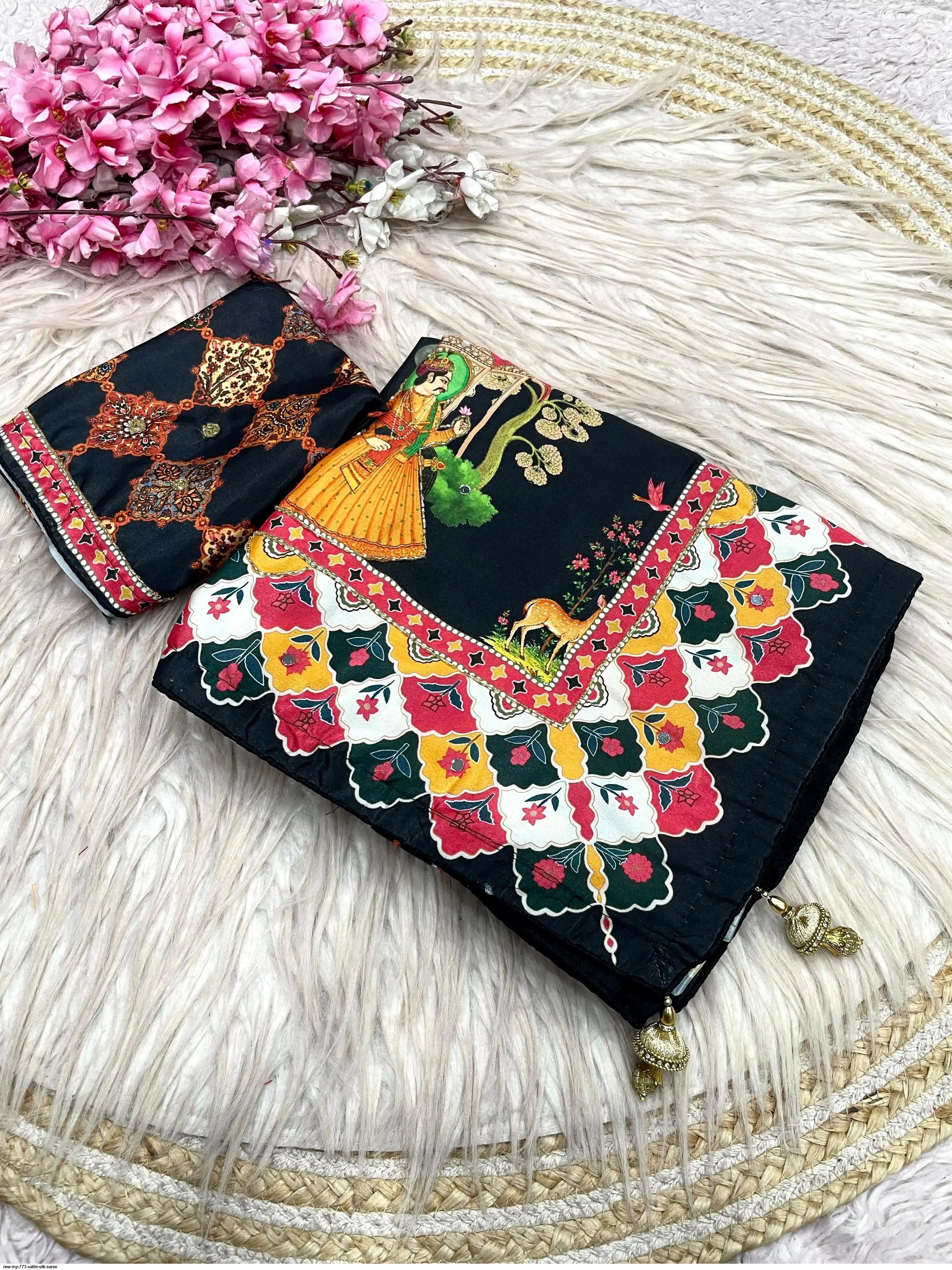 These Bollywood-style satin silk sarees feature vibrant Pichwai digital prints and  handwork