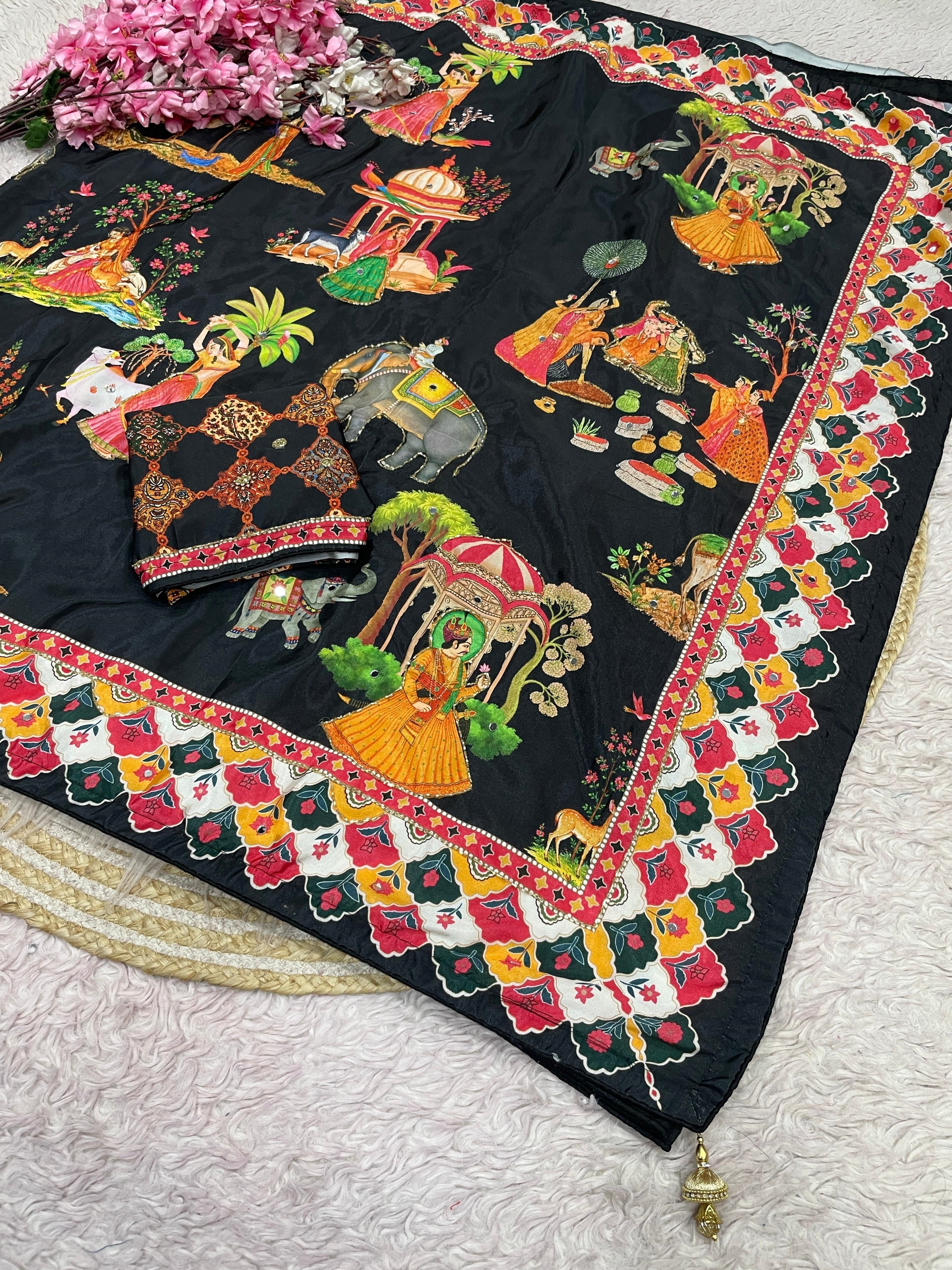 These Bollywood-style satin silk sarees feature vibrant Pichwai digital prints and  handwork