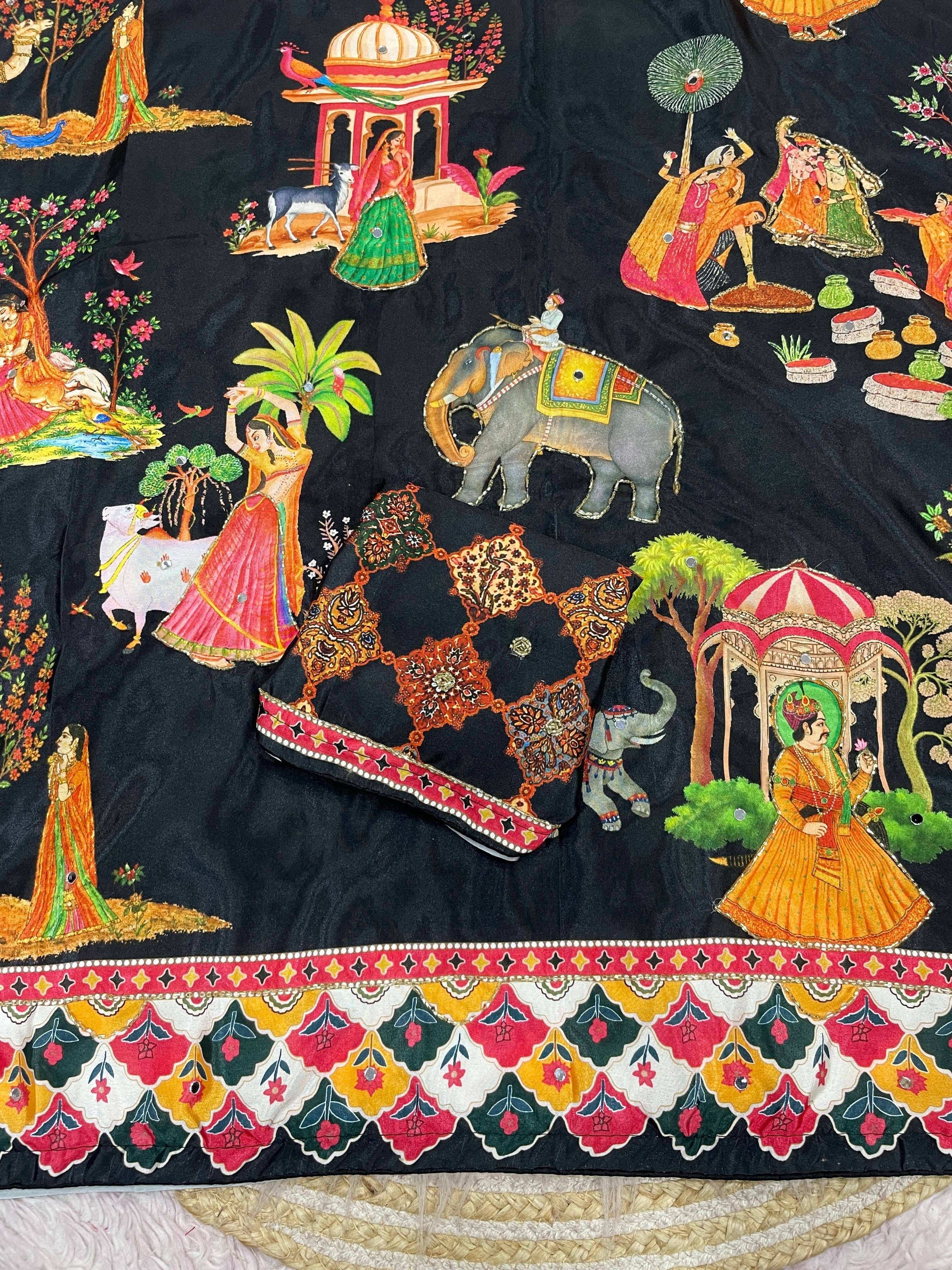 These Bollywood-style satin silk sarees feature vibrant Pichwai digital prints and  handwork