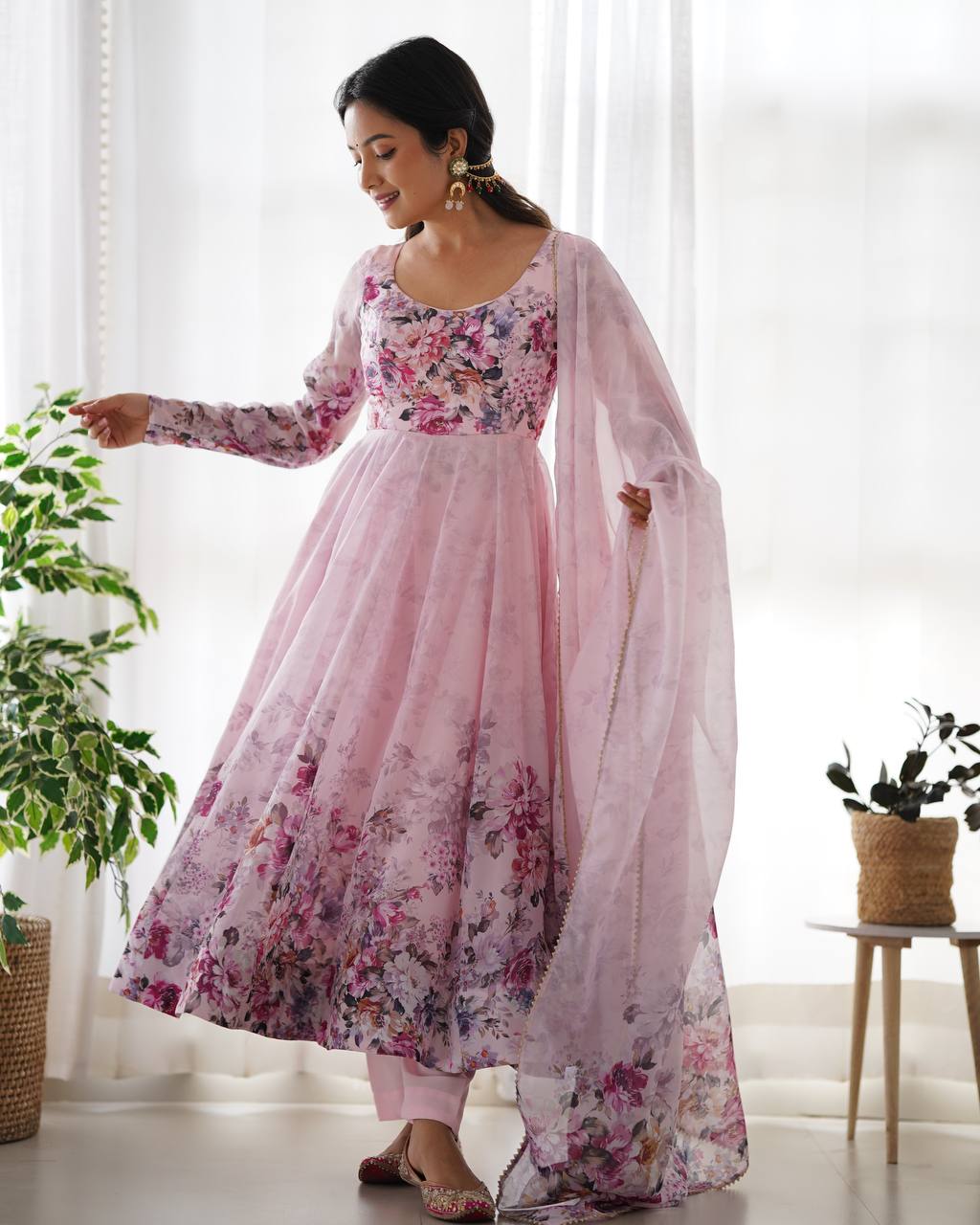 Floral Print Organza Three Piece Anarkali Suit