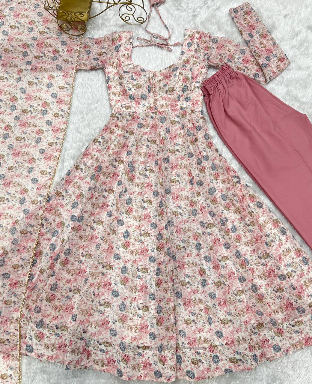 Pastel Floral Printed Organza Anarkali Suit set