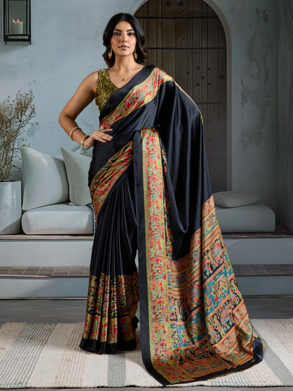 Pure Ajrakh modal satin fabric featuring traditional printed motifs with rich, earthy tones and a soft, breathable feel, perfect for all-day elegance.