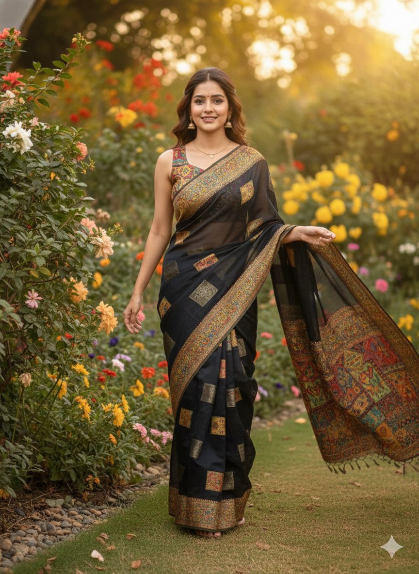 This beautiful Zari work saree gives a perfect look to the outfit.