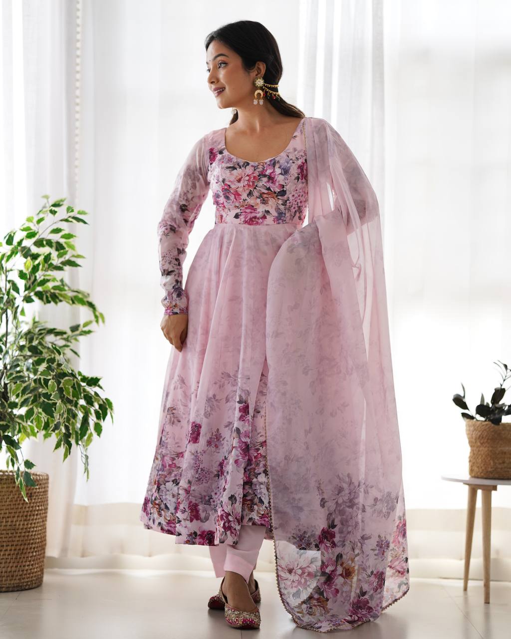 Floral Print Organza Three Piece Anarkali Suit