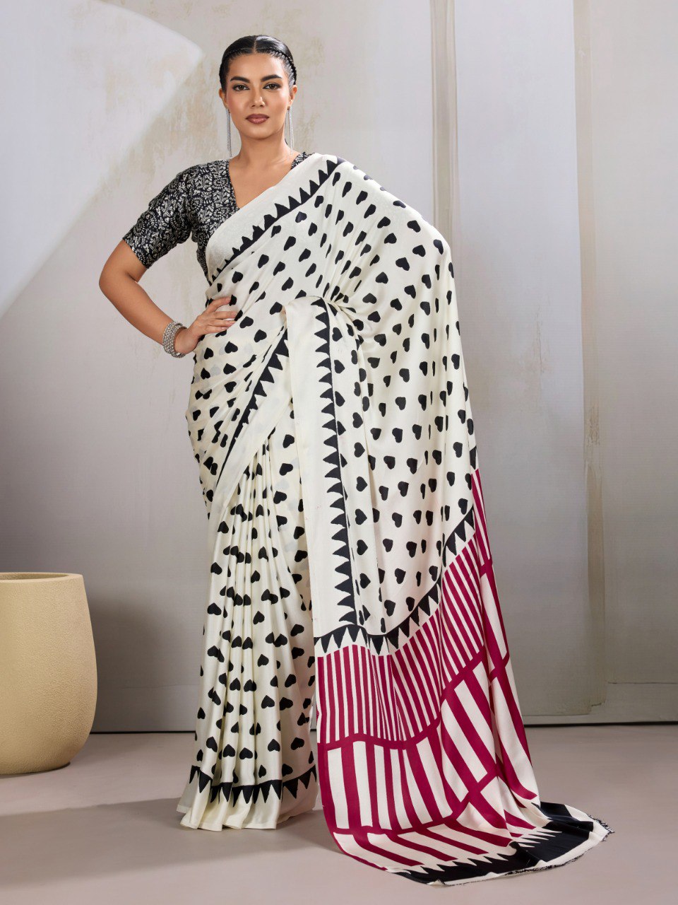 Pure Ajrakh modal satin fabric featuring traditional printed motifs with rich, earthy tones and a soft, breathable feel, perfect for all-day elegance.